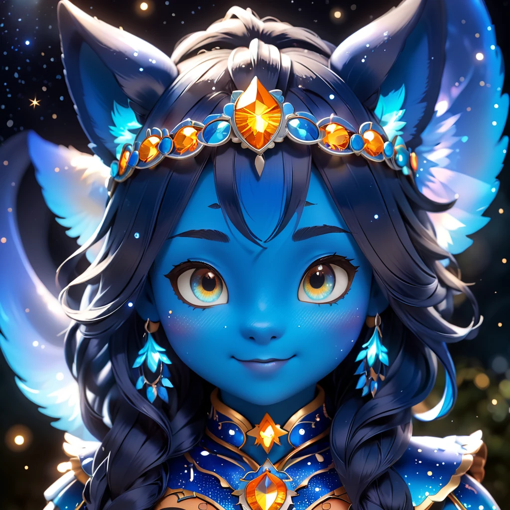 (close do rosto: 1.8), 3D character rendering，((1 garota，Rabo de cavalo duplo azul，rir))，((Design de penteado：Azul profundo brilhante，Add some com luz brilhando headdress，Like orange photoelectric glasses or head-mounted displayacial design：Add some com luz brilhando lines or orange LED lighting effects to the face decoration，rir，rosto sorridente，Destaque a imagem do futuro guerreiro))，((starry sky background)), (Perspectivas, perspectiva em primeira pessoa, Cores estilo Ghibli, com luz brilhando, film lighting, hiper HD, obra-prima, Acura, Anatomicamente Correto, pele texturizada, super detalhamento, alto detalhe, alta qualidade, Premiado, Best quality at best, 8k), Caixa cega Pop Mart, 3 Rendering