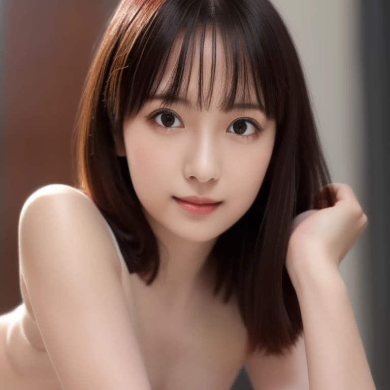 incredibly absurd, beautiful and cute 20-year-old Korean girl with a photorealistic face, showcasing top-quality craftsmanship. Her slender frame adorned with short, messy hair. The artwork high-resolution, allowing for ultra-detailed features to be captured flawlessly. The girl depicted naked. The focus lies on the realistic pupils, showcasing depth and emotion. ((breasts out))