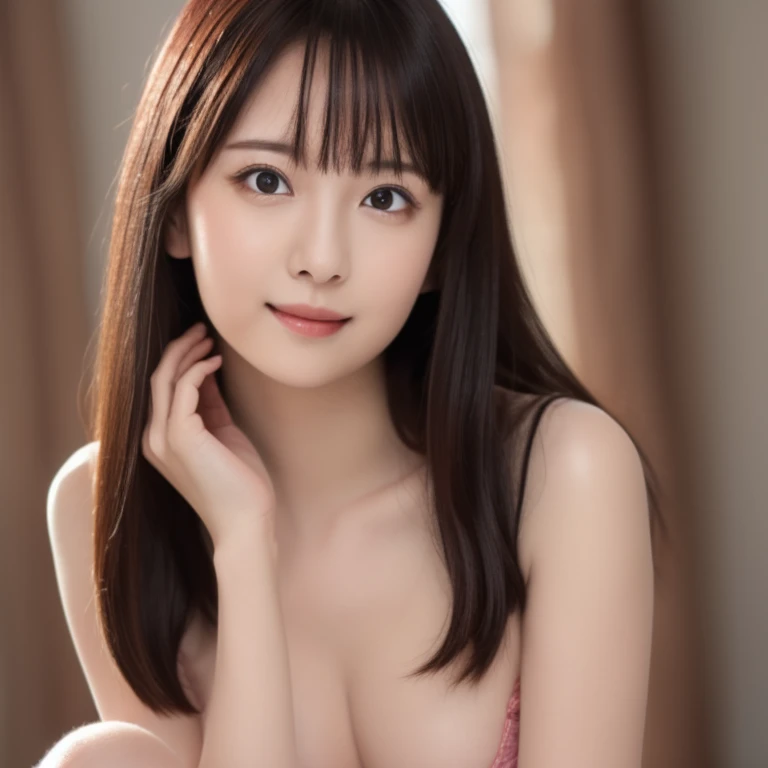 (Highest Resolution, clear_image) highest quality, One Woman, alone, Tabletop, Highly detaileded, Semi-realistic, Black long hair, Black Hair, bangs, 28 years old,Indoor Background, kind, Authoritative, Graceful features, Graceful features, masterpiece, highest quality, Highly detaileded, RAW Photos, Professional artwork, Cinema Lighting, Beautiful Eyes + detailed, Beautiful Hair + detailed, (Cute young woman's body:1.4), (Cute small breasts), Happy:1.3, smile:1.3, Gaze sexy at the viewer, Sexy lips, Floating Hair,