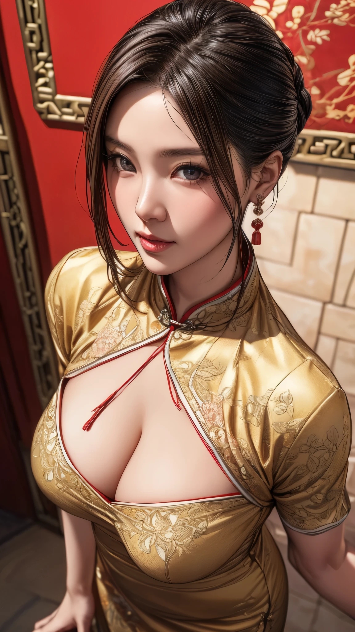 a Chinese woman wearing china dress, highly detailed decorations, (((masterpiece))), ((best quality)), ((intricate detailed)), ((Hyper realistic)),, absurd res, milf, mature woman, perspective, highly detailed, illustration,, (large breasts), perfect hands, detailed fingers, beautiful detailed eyes, updo hair, brown eyes,(Chinese dress:1.2), earrings, detailed background, perfect eyes, seductive eyes, standing,(facing and looking at the viewer:1.6),(viewed from above:1.2)