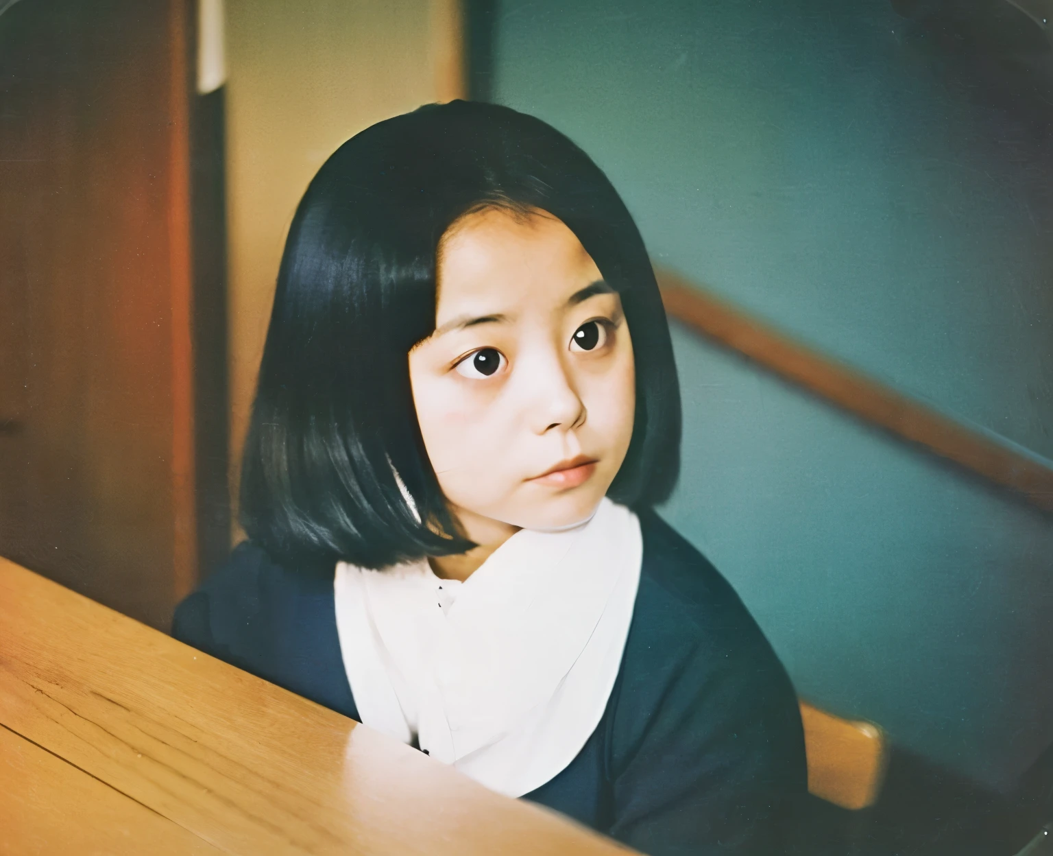 color unsharp masking quality. (A young Japanese woman chihuahua). thick outline. blurry photo. color slide film. 1958.