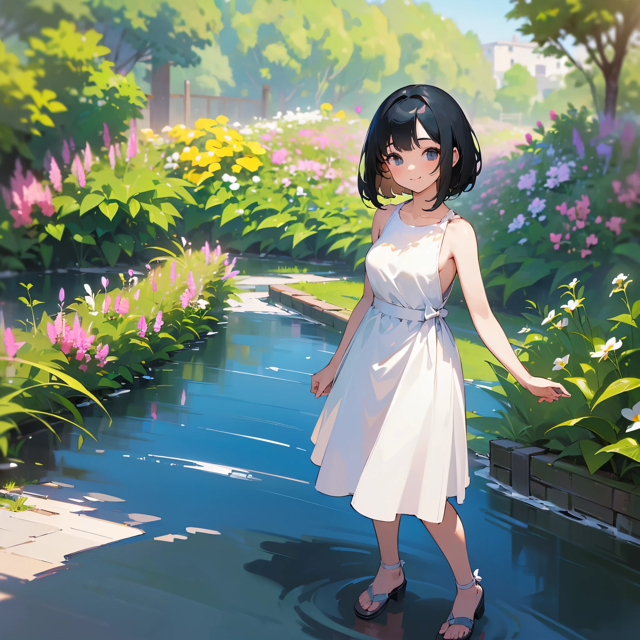 (high quality, High resolution, Very detailed, reality:1.37), Peaceful atmosphere, (Outdoor, garden),  girl standing alone, (my breasts are big.), Beautiful detail features, Cute Smile, (Black bob hair), White sleeveless dress, Sandals.