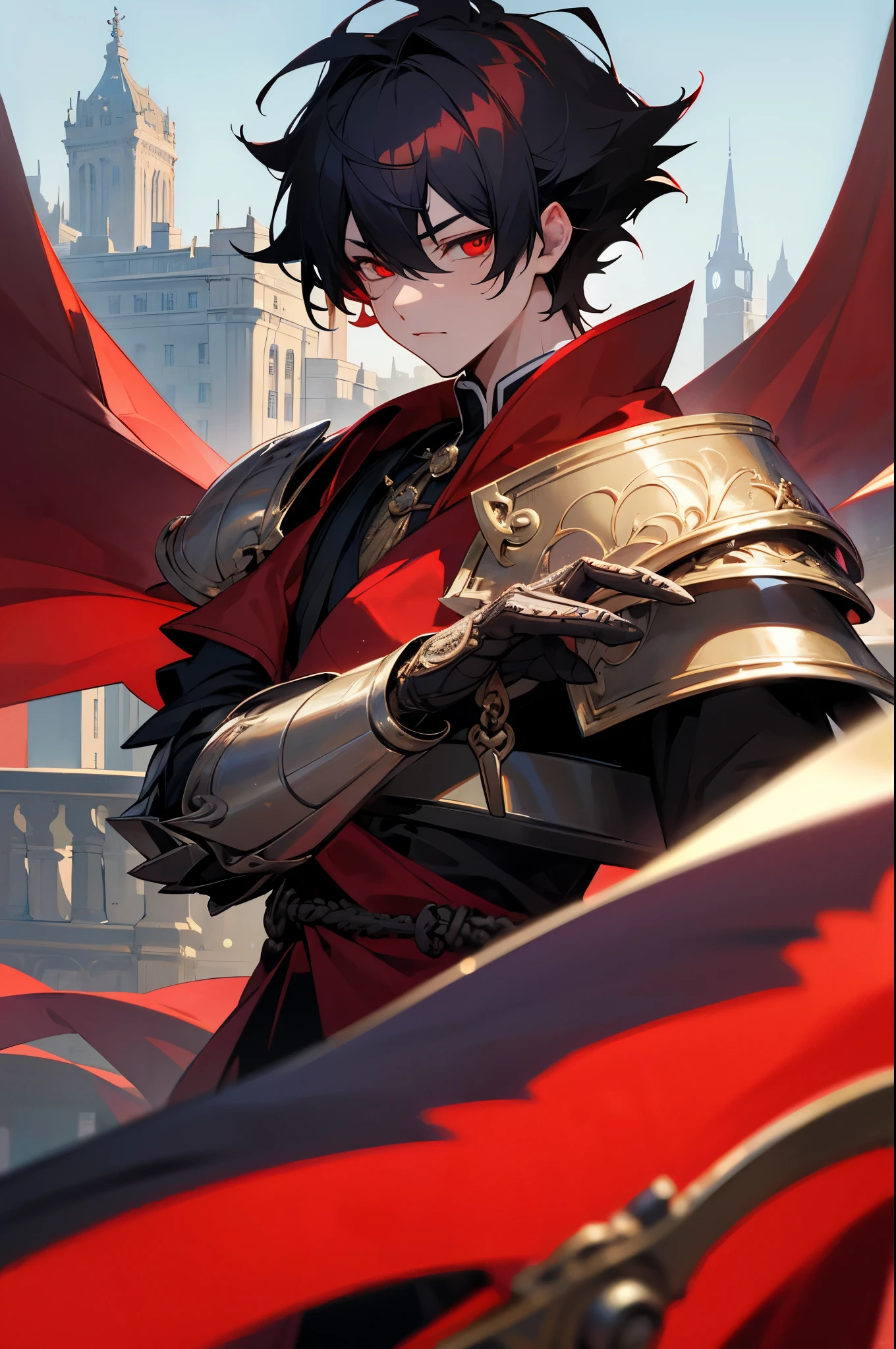 hight resolution, sharp-focus, pixiv masterpiece, ((intricate details)), Highly detailed, 1boy, upper-body, Kim_Minsu, bronya, red cape, red eyes, black hair, pauldrons, bags under eyes, City, shoulder armor,
