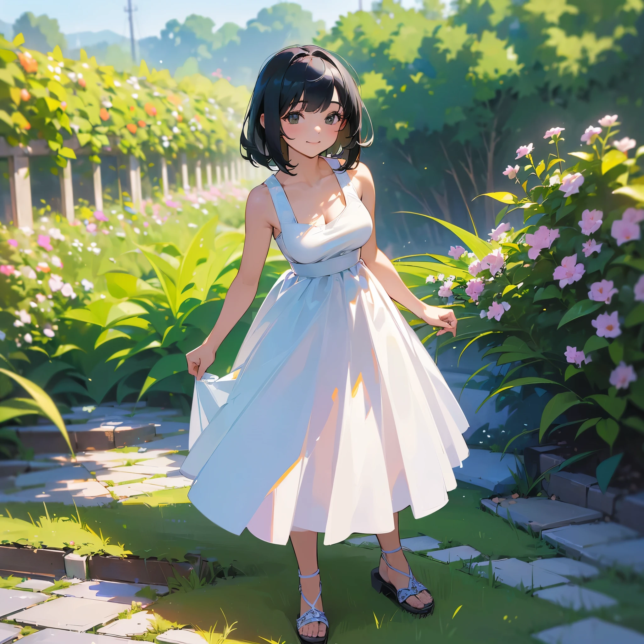 (high quality, High resolution, Very detailed, reality:1.37), Peaceful atmosphere, (Outdoor, garden), teenage girl standing alone, (my  are big.), Beautiful detail features, Cute Smile, (Black bob hair), White sleeveless dress, Sandals.