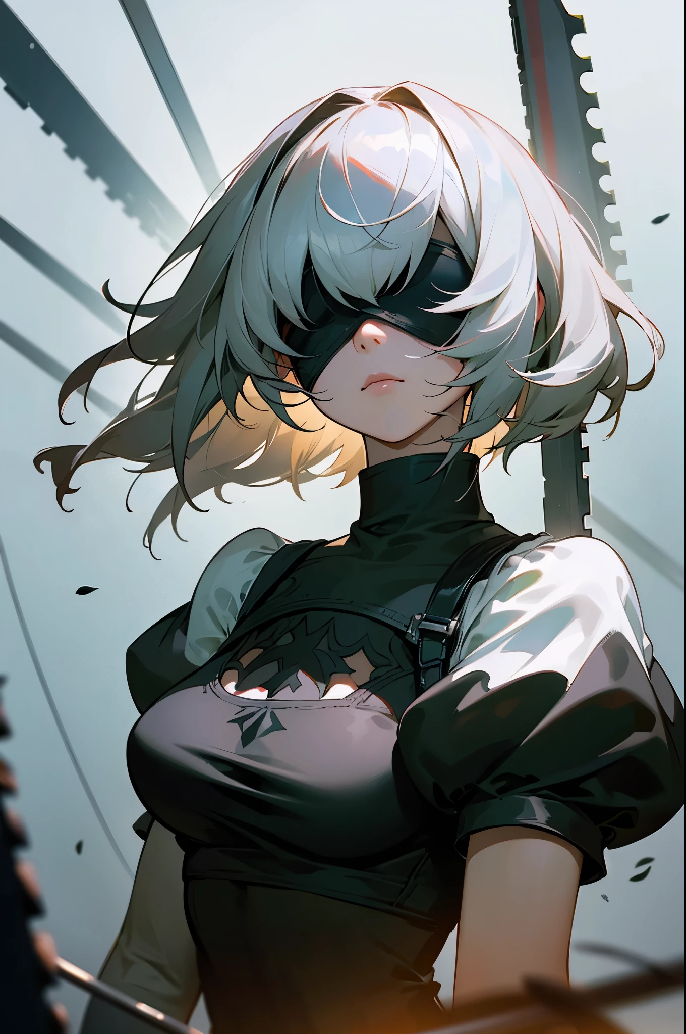 masterpiece, best quality, solo, (yorha no. 2 type b:1.14), (covered eyes:1.05), (portrait:1.1), (upper body:1.1), medium breasts, expressionless, 1girl, solo, (ruffling hair, messy hair:1.1), white hair, makima \(chainsaw man\), best quality, ultra detailed, 1girl, solo, standing, medium hair, blunt bangs, gothic black dress, does not look at the viewer, blindfolded, no eyes
