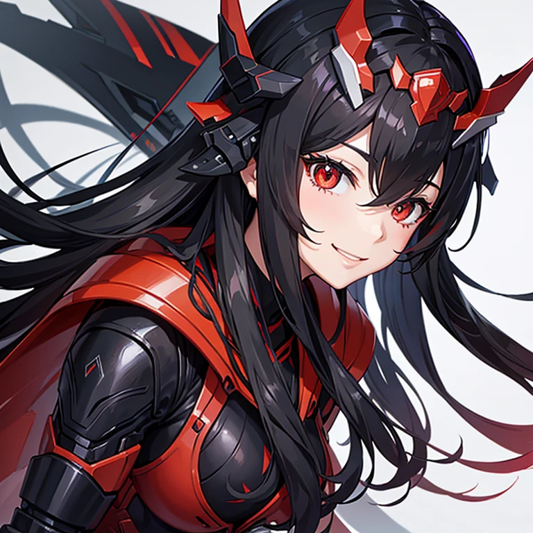 Black long hair, red pupils, closeup 3/4, mecha suit, masterpiece, high detail, japan musume, anime style, smile, headgear