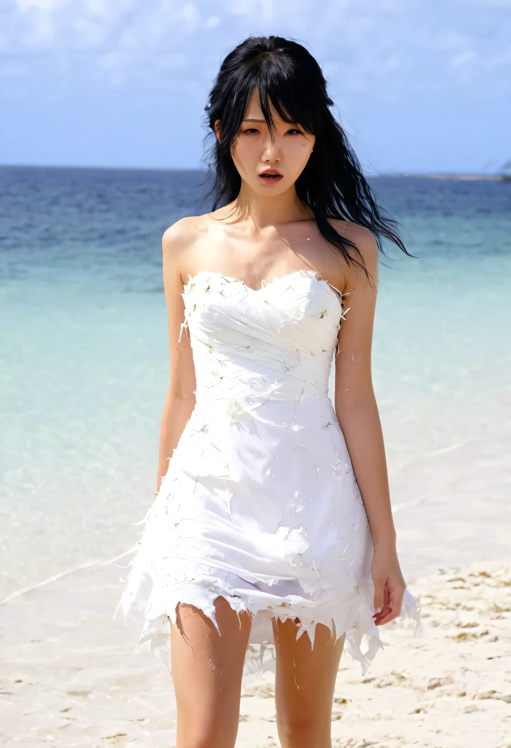 (highest quality, 4K. photograph, Fine:1.4), (Are you crying? Dirty Japanese girl in Deserted Island:1.3), 18-year-old, very cute, Ragged black hair, In rags, A dirty and tattered short white wedding dress, Are crying, Very beautiful, Thighs, Covered in scars, Half naked, Tattered and torn short white wedding dress, covering one&#39;s chest with one&#39;s arms, Are you crying because you&#39;re embarrassed?, Short white wedding dress with ripped thighs, Muddy&#39;s Shoes, Walking while crying, Deserted Island, washed ashore, Feeling embarrassed, The whole body is dirty, A short wedding dress badly ripped, beggar, White shoes, Muddy, Soaking wet, Tattered clothes, Fallen, I wandered for a month