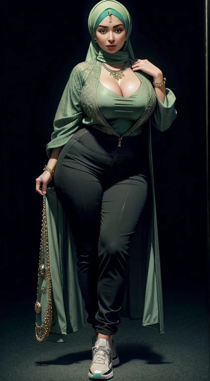 One Arab girl, modern plain hijab, beautiful, medium portrait, teary eyes, wearing light green kebaya, ((big breasts)), black bokeh background, proportional body,, huge, plump thighs, full body posture, wearing a necklace, wearing 10 Bracelet, and wearing sneakers