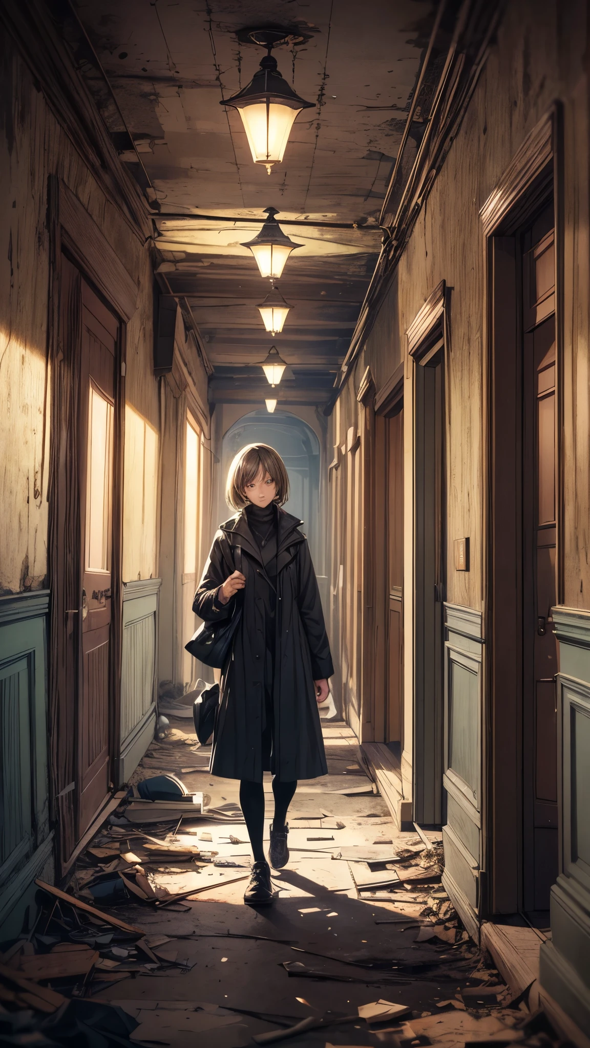 (best quality,4k,8k,highres,masterpiece:1.2),ultra-detailed,(realistic,photorealistic,photo-realistic:1.37),[dark, moody], [complicated, intricate], [dim rooms], one woman, [20 years old woman], she’s wearing army style clothes, short blonde hair, she’s walking the corridor, [mysterious atmosphere], [flickering lights], [long shadows], [peeling wallpaper], [dusty air], [abandoned furniture], [creaky floorboards], [tattered curtains], [cracked mirrors], [ancient portraits], [broken clock], [spider webs], [forgotten documents], [locked doors], [overgrown plants], [hidden doorways], [distant whispers], [echoing footsteps], [haunting silence], [eerie ambiance], [narrow passageways], [secretive alcoves], [rusted keys], [strange symbols], [old photographs], [mysterious symbols], [dramatic lighting], [tense atmosphere], [ominous presence], [mismatched tiles], [muffled sounds], [mysterious shadows], [lingering scent of decay]