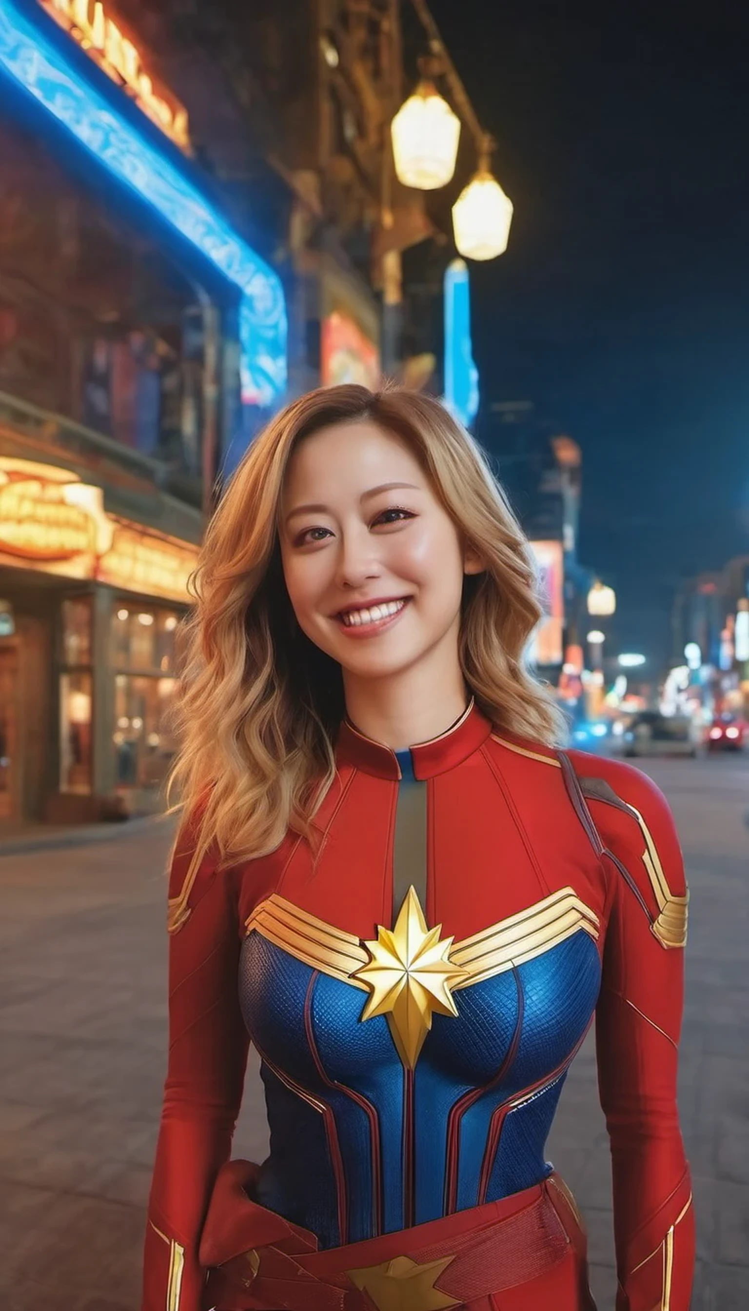 (Highest image quality, realistic depiction),(Body slippery with lotion,sweaty body),a choker,fullnude,(artistic all naked art),Colossal tits,(A beautiful woman expressing Captain Marvel with navy and red body paint,Colossal tits,leg up,),Beautiful neon-lit downtown area with lively nightlife