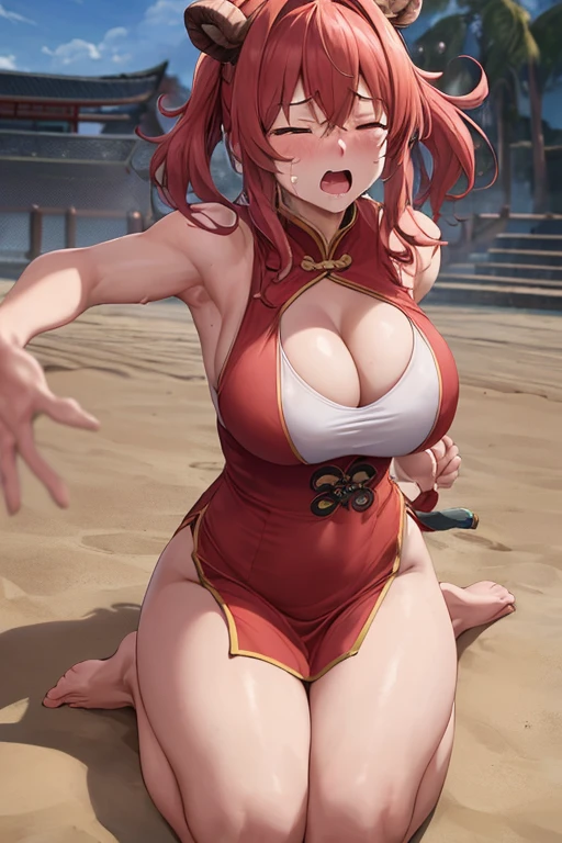 masterpiece, best quality, beautiful art, high resolution, well formed hands, body and fingers, 1 woman, solo, Ganyu, goat grown up, adult, big breasted, cleavage, full body, wearing a Bremerton kung Fu cruiser outfit, sexy and skimpy chinese dress , gorgeous legs and thighs, , ryona , in peril, she is slapped in the face and being beaten up by her opponent, knocked down, being slammed against the floor, receiving the impact of her opponent's attacks, closed eyes, screaming in pain and agony, ryona and perilous scene, bouncing breasts, weak and helpless, martial arts tournament on the beach