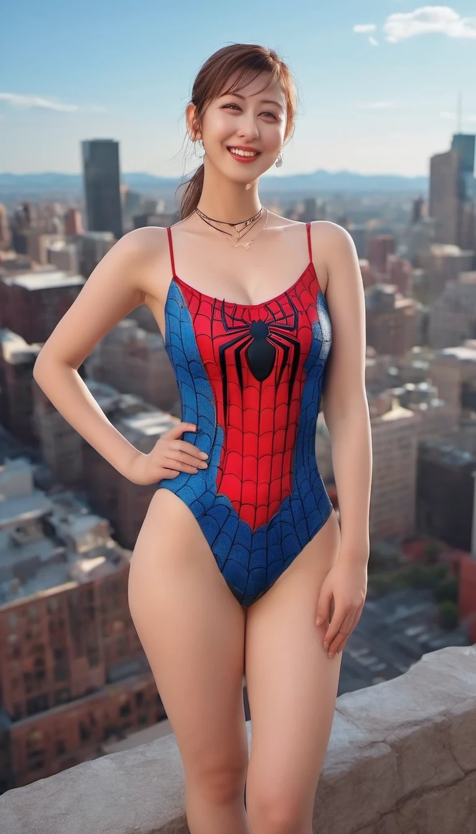 (cowboy shot, looking up), (spider-man suit), nsfw, front view, best quality, masterpiece, movie grain, filmg, solo1girl, looking at viewer, natural skin texture, realistic intricate details of eyes and face, full lips, (makeup), red eye shadow, short fluffy hair, messy hair, smile, closed mouth, beautiful legs, tall woman, skinny, slim_legs, alone, huge chest, cleavage, (pose: facing you ), beautiful nature location, around flower location, (detailed background), neckline, Show a small cleavage through the shirt, blurred background, blurry, depth of field, rear side solar lighting, canon eos 50mm camera