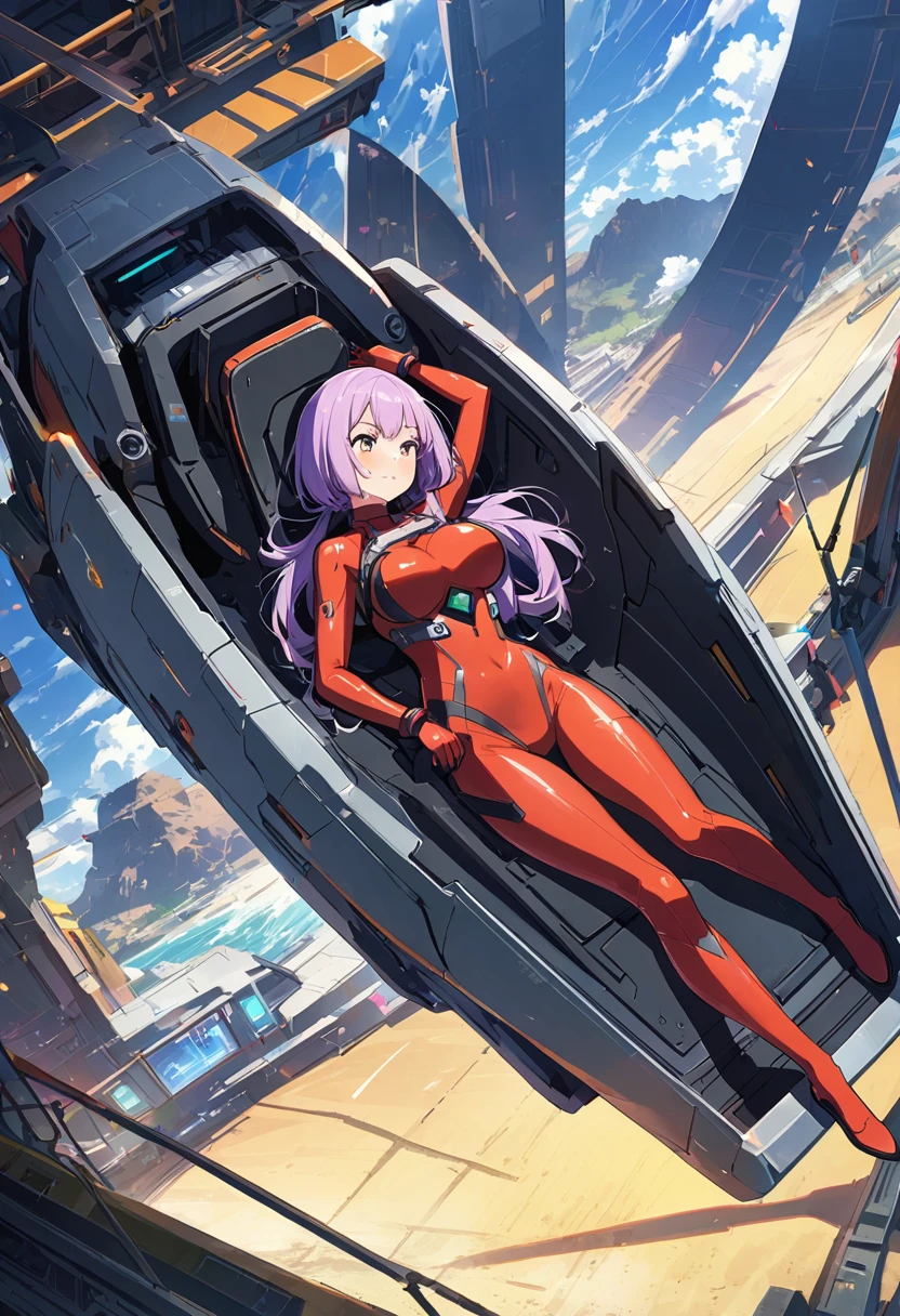 Thin full body suit、25-year-old female、Straight Bob Cut、Large Breasts、Small waist、Long, slender legs、A scene from a launch sequence in a sci-fi anime、Female pilot sliding out of cockpit from shooter、Hair flows wildly backwards、Brave face、Lie on your back and slide straight down