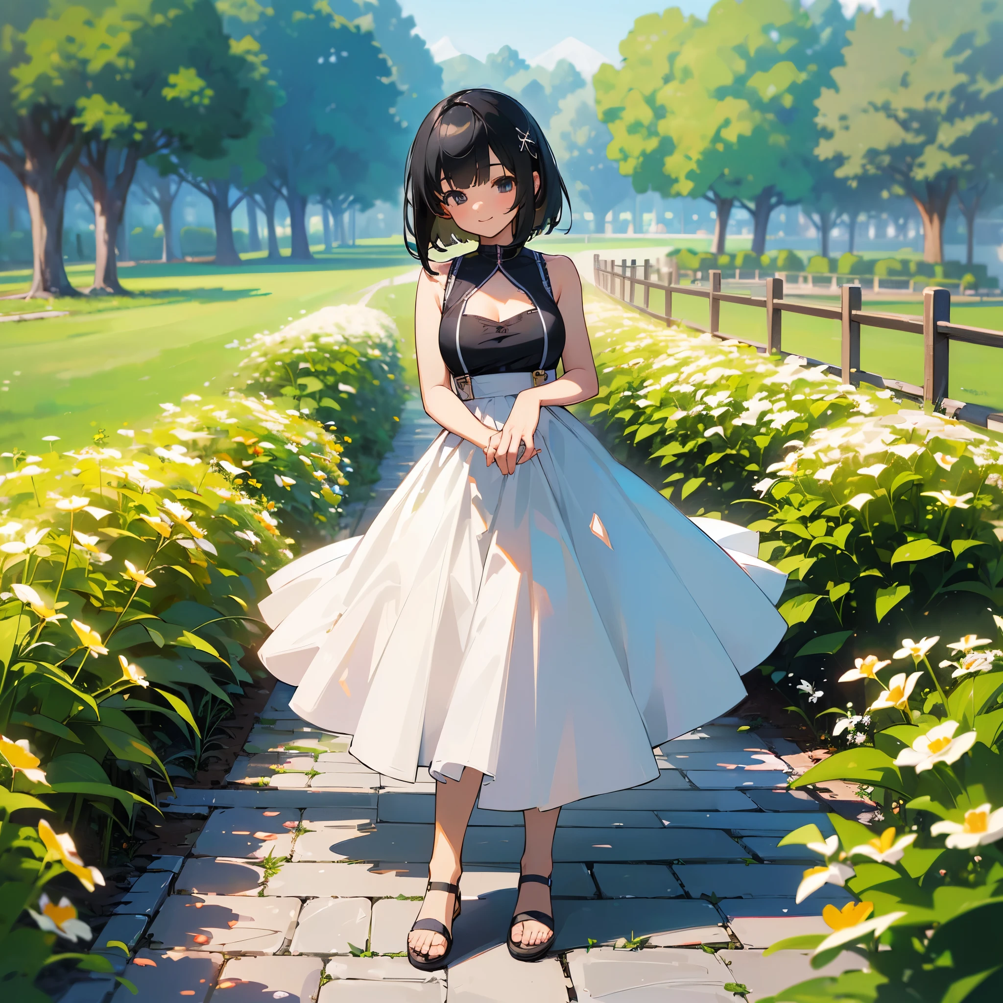 (high quality, High resolution, Very detailed, reality:1.37), Peaceful atmosphere, (Outdoor, garden), age girl standing alone, (my brea big.), Beautiful detail features, Cute Smile, (Black bob hair), White sleeveless dress, Sandals.