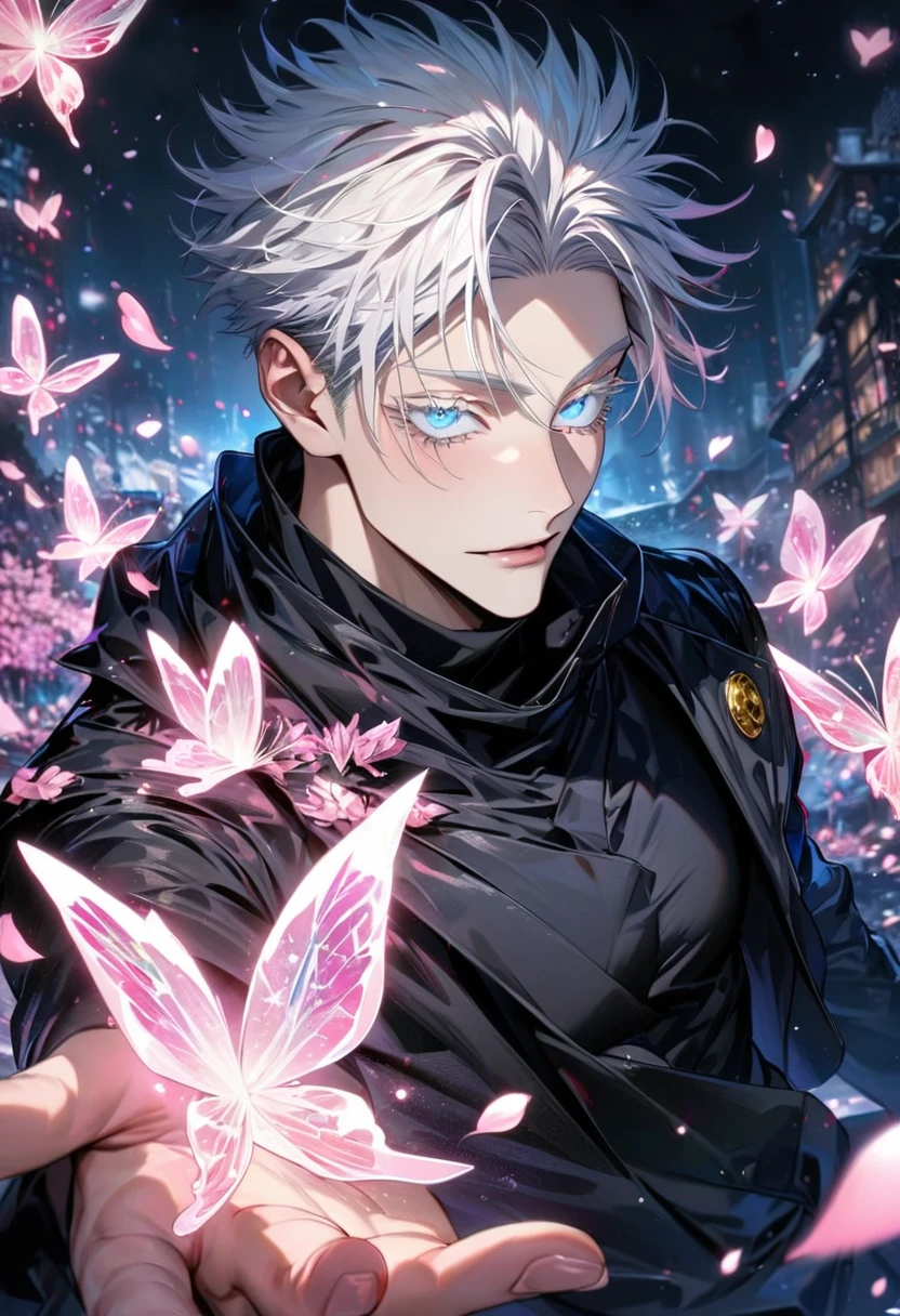 (absurdres, highres, ultra detailed, HDR), master piece, best quality, Gojou Satoru, expressive blue eyes, white hair with bangs, white eyelashes, Jujutsu Kaisen, black long coat, black tight shirt, pink glittering butterflies, pink ice, petals, pink ice flowers, sexy man, solo, extremely detailed face and eyes, extremely handsome, glittering,