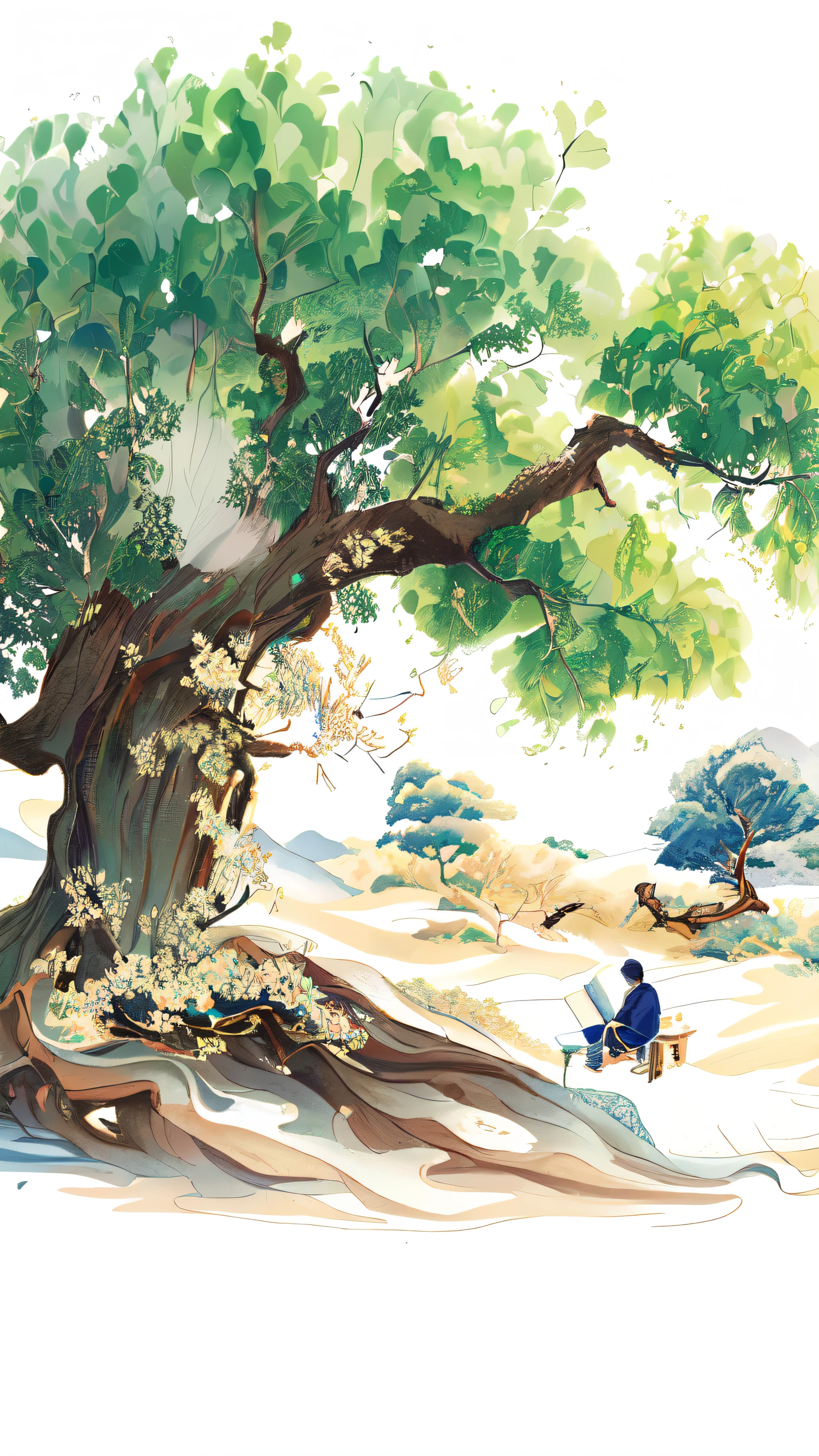 painting of a man Sitting under a tree with a book, Korean Artist, Reading under the tree,by Pu Hua, A beautiful artistic illustration,  Chinese Artists, Ancient Trees, Sitting under a tree, Chinese national tide style