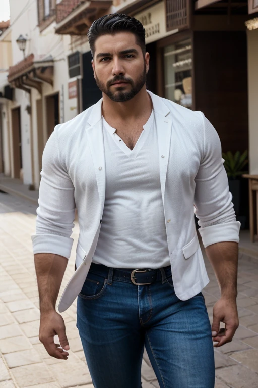 Rogelio Martínez, hombre barbudo y musculoso, muy guapo y varonil, intrincado, elegant, Sharp focus, foto de greg rutkowski, Soft lighting, Colores vibrantes, Obra maestra, ((calles)), cuerpo completo, jeans  