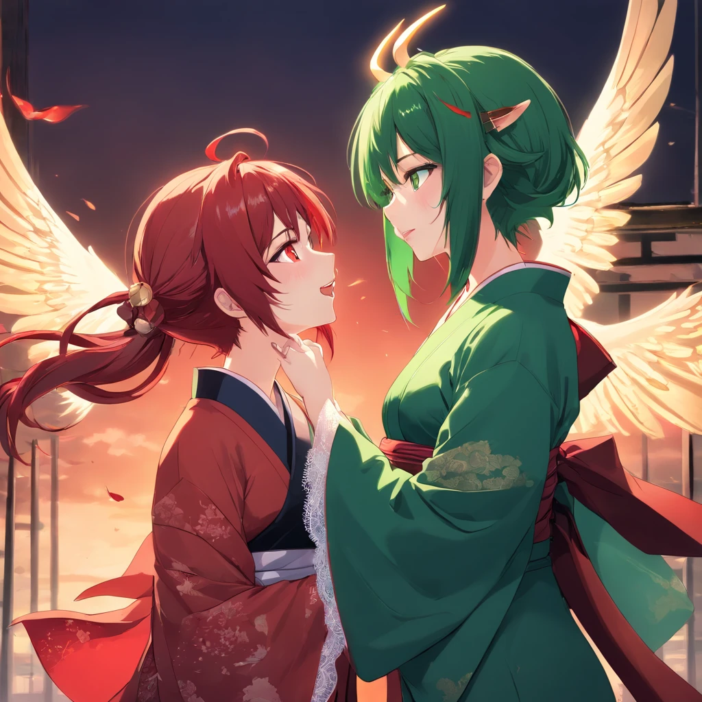 anime, 2 demonesses, green hair, red hair, red eyes, green eyes, sharp teeth, black kimono, lace stockings, big breasts, cleavage, white skin, horns, wings, red moon, bathed in blood, smeared in blood, kissing ,