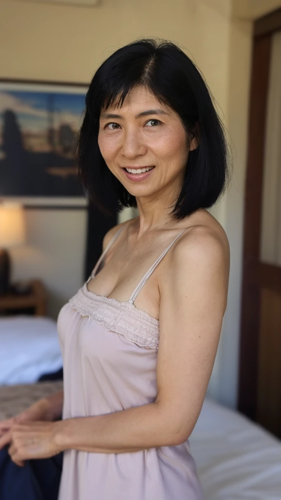 NSFW, ((Best Quality)), ((8K)), ((Masterpiece: 1.3)), (Perfect Appearance), (Photorealism: 1.6), (A woman in a camisole stands by the bed), Bedroom, night, luxurious furniture, Japanese woman, 47 years old, (realistic skin texture)), (overall skin fine lines: 1.3), (skin dullness: 1.1), (skin without moisture): 1.2 ), (skin wrinkles) Face: 0.9), (crow's feet: 1.2), double eyelids, tear sacs on lower eyelids, (crying mole: 0.9), eyes facing towards you, serious expression, ( Dimples: 1.2), medium long hairstyle, gentle smile, eyes looking towards you, short hairstyle, silk camisole, lace camisole, (whole body: 1.4), low angle,