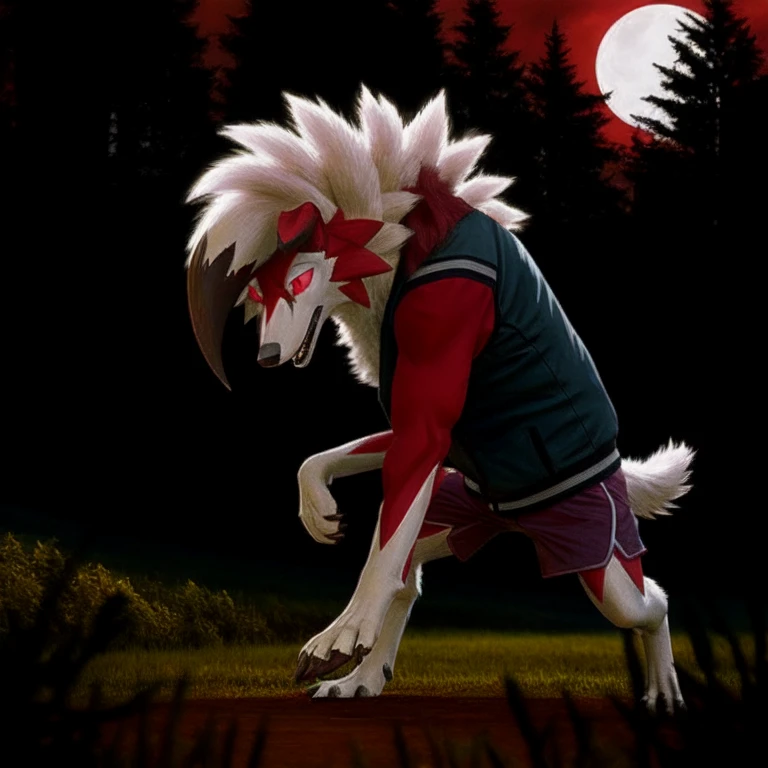 (artwork), photo of a real life, detailed eyes, MidnightLycanroc, feral, pokemon, fur, tuft, red eyes, full body, red moon, volumetric lighting, in forest, full body, wolf, muscle, wear jacket, wear shorts, play badminton, howl