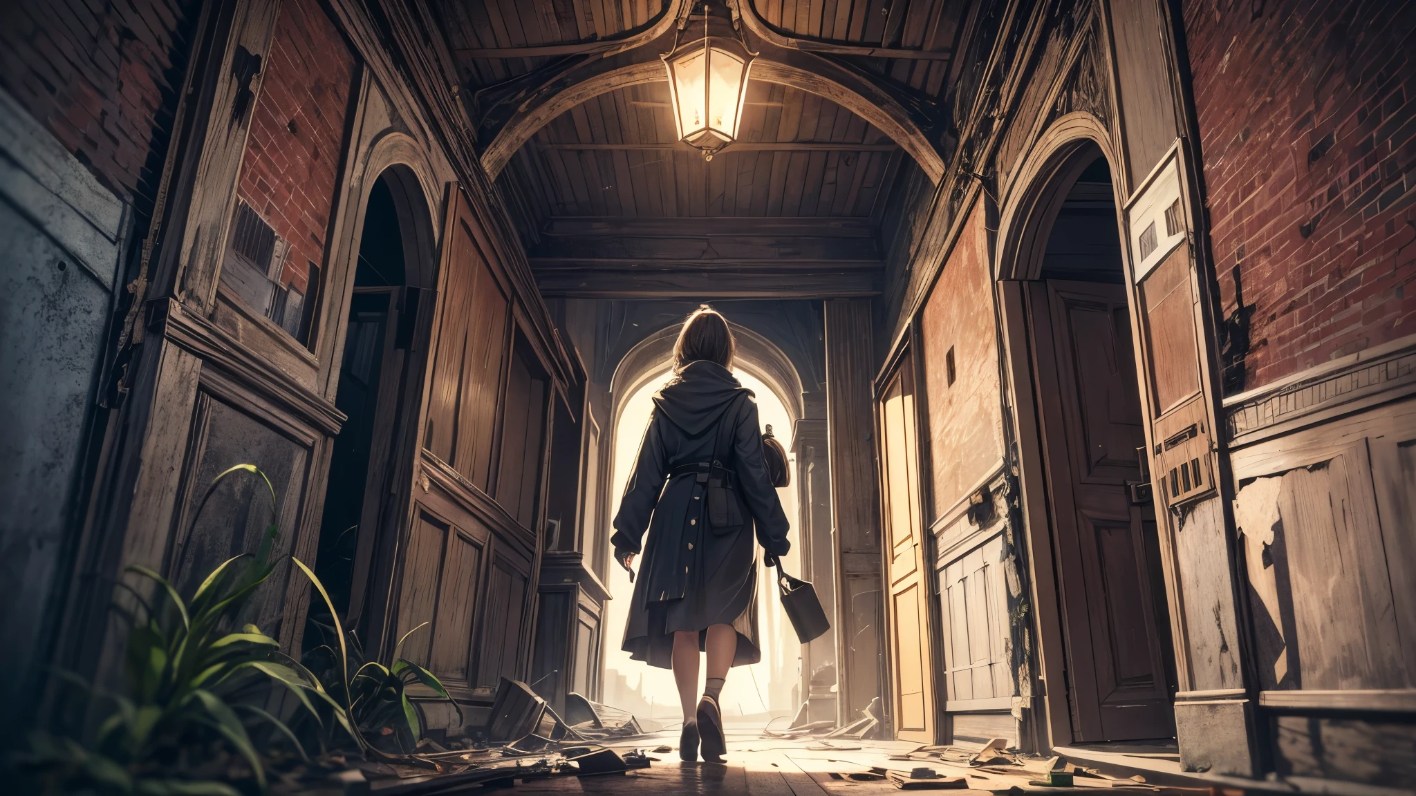 (best quality,4k,8k,highres,masterpiece:1.2),ultra-detailed,(realistic,photorealistic,photo-realistic:1.37),[dark, moody], [complicated, intricate], [dim rooms], one woman, [20 years old woman], she’s wearing army style clothes, short blonde hair, she’s walking the corridor, [mysterious atmosphere], [flickering lights], [long shadows], [peeling wallpaper], [dusty air], [abandoned furniture], [creaky floorboards], [tattered curtains], [cracked mirrors], [ancient portraits], [broken clock], [spider webs], [forgotten documents], [locked doors], [overgrown plants], [hidden doorways], [distant whispers], [echoing footsteps], [haunting silence], [eerie ambiance], [narrow passageways], [secretive alcoves], [rusted keys], [strange symbols], [old photographs], [mysterious symbols], [dramatic lighting], [tense atmosphere], [ominous presence], [mismatched tiles], [muffled sounds], [mysterious shadows], [lingering scent of decay]