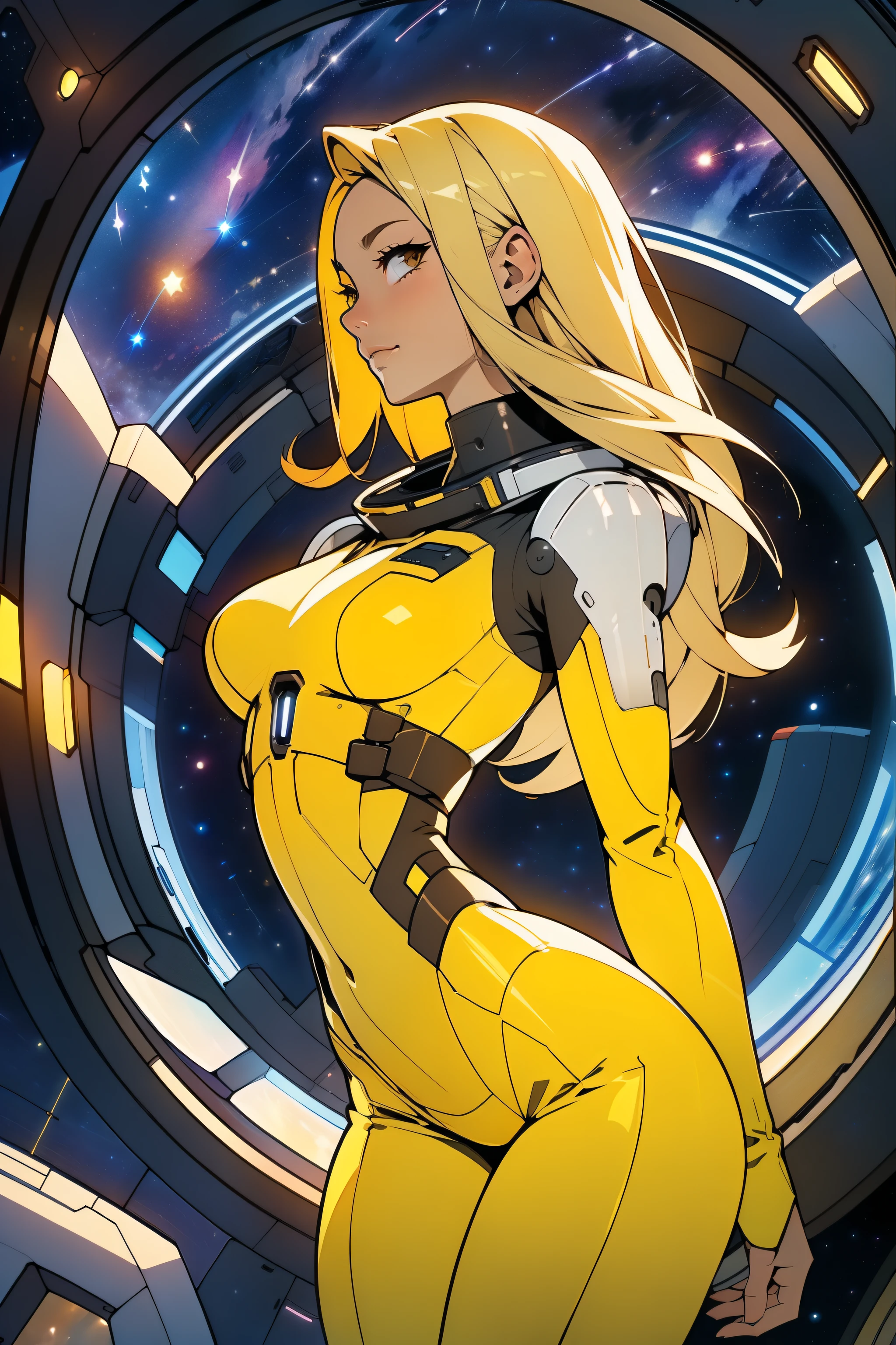 (masterpiece, best quality:1.2), (cowboy shot:1.1), solo, 1girl, mori yuki, slight smile, closed mouth, side view, looking at viewer, blonde hair, long hair, thigh gap, yellow bodysuit, skin-tight, perfect body, large window, (starship porthole:1.3), (spread legs:1.0), (standing:1.1), thigh gap, sensual pose, sideview, perfect hands, bright starship interior, (outer space view:1.1), (orbital view:1.3), (night, stary sky:1.5), milky way