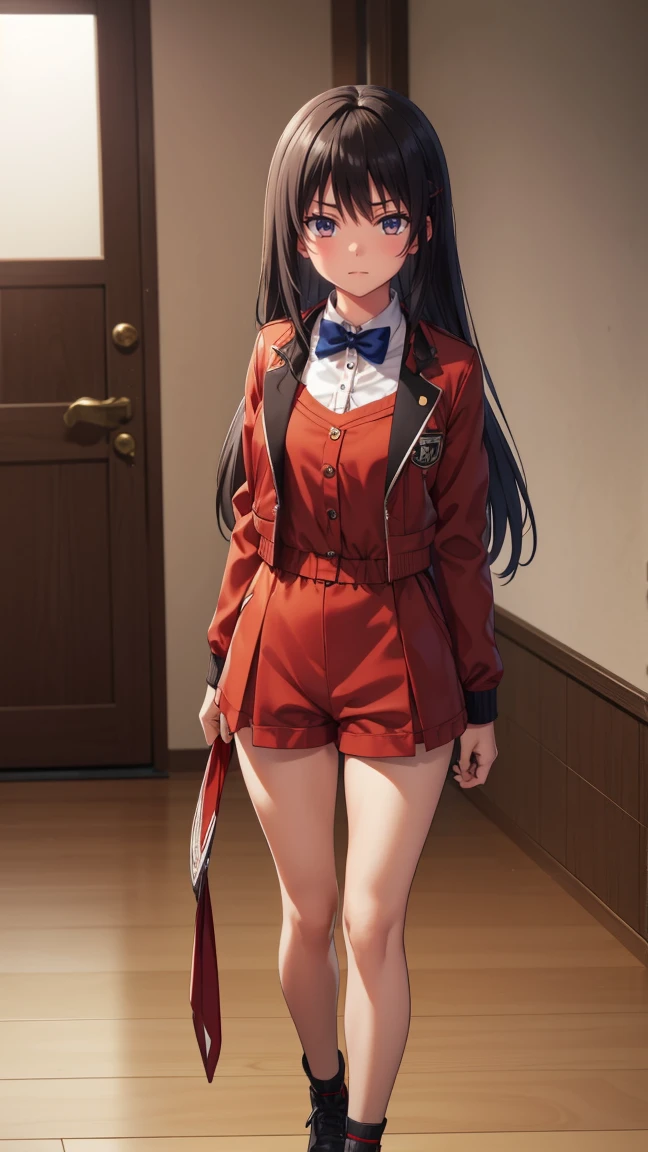 Suzune Horikita, pelo largo, pelo negro, (ojos rojos:1.3), Cinta para el pelo, trenza, sonrisa,
ROMPER bow, , chaqueta, bow tie, blue bow tie, chaqueta de sport, (red chaqueta de sport:1.5), Falda, white Falda,((muslos negros))
ROMPER indoors, aula,Session,full body
ROMPER looking at viewer,
ROMPER (Obra maestra:1.2), mejor calidad, high resolution, fondo de pantalla de unidad 8k, cara extremadamente detallada,(manos perfectas, perfect anatomy),