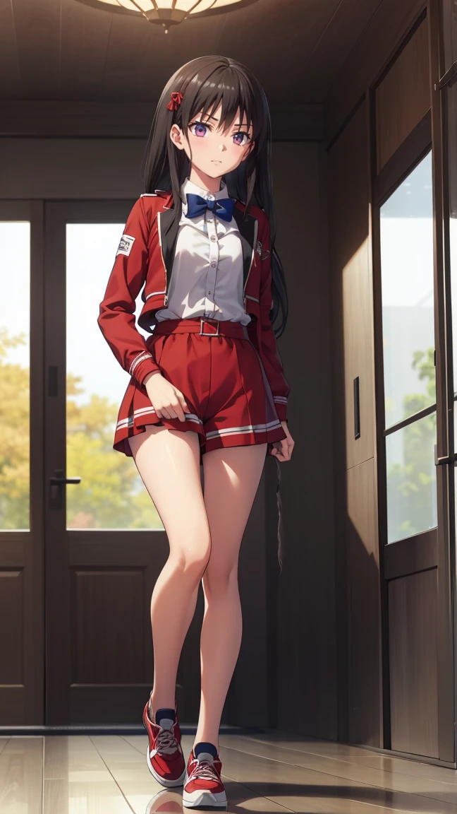 Suzune Horikita, pelo largo, pelo negro, (ojos rojos:1.3), Cinta para el pelo, trenza, sonrisa,
ROMPER bow, , chaqueta, bow tie, blue bow tie, chaqueta de sport, (red chaqueta de sport:1.5), Falda, white Falda,((muslos negros))
ROMPER indoors, aula,Session,full body
ROMPER looking at viewer,
ROMPER (Obra maestra:1.2), mejor calidad, high resolution, fondo de pantalla de unidad 8k, cara extremadamente detallada,(manos perfectas, perfect anatomy),