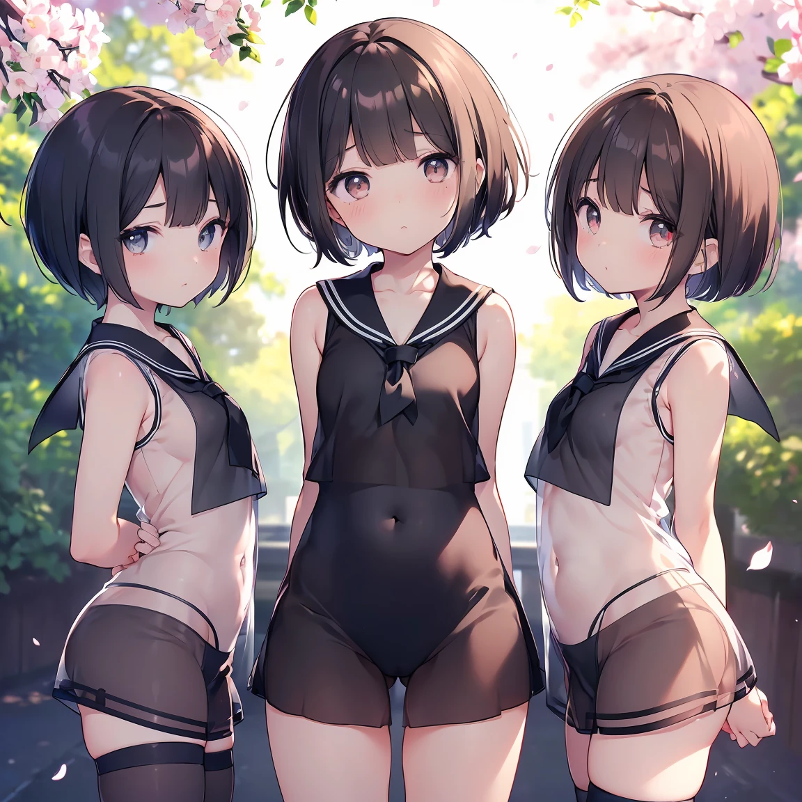 Super detailed, Best Quality, High resolution, Moe Anime, ((((She is wearing a see-through, short, sleeveless sailor uniform., Three cute girls with dark hair)))), (Baby Face), ((Big eyes:1.5, Droopy eyes:1.5)), Pretty eyes, View your viewers, Light skin, Focus on the face, (Flat Chest:1.5), Belly button, In the park with cherry blossoms falling, Knee-high boots, (Short Hair:1.5), (Put your arms behind your back:1.4), Slightly below,