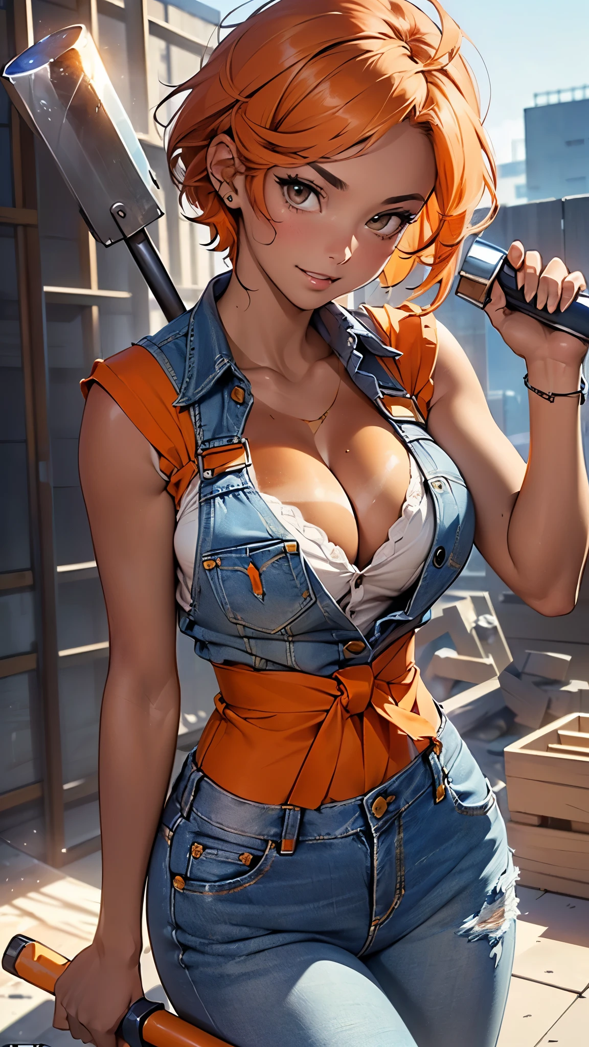(((Only 1 woman))), ((low camera shot)), masterpiece, 8k, high quality, ultra detailed, anime style, CG Unity, beautiful anime woman, ((26 years old, construction worker)), (((tanned skin: 1.3))), wearing sexy (((denim_overall))), (((cleavage: 1.3))), (((orange_short_hair))), brown eyes, ((perfect body)), (((breasts:1.1, waist:1.0, hips:1.1, toned legs:1))), looking directly to camera, sexy gaze, sexy smile, ((lucious lips)), (((holding a hammer in one hand))), it is a (((day scene))) in a construction site