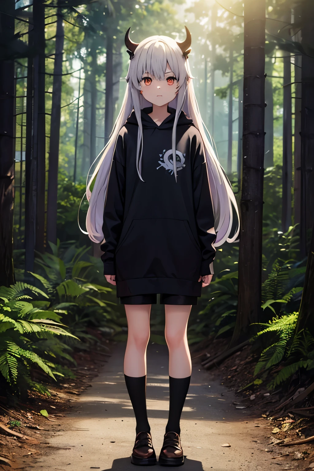 Uma floresta escura e sombria, with an atmosphere of mystery and suspense.
Imagem: Uma tomada noturna de uma floresta escura e sombria. The forest is dense and full of tall trees, And the air is full of shadows. A single ray of light illuminates a small trail, That disappears into the darkness. A cartoon drawing of a girl with horns and long hair, best anime character design, Modelo de cuerpo completo Anime Vtuber, Personaje de anime, Full body anime illustration, anime character design, como personaje de anime, Personaje de estilo anime, character adoptable
Este personaje de anime es una adolescente con cuernos de 2 y 13.2 centimeters high and 1.28 centimeters thick. Sus cuernos se encuentran en la parte superior izquierda de su cabeza y muestran restos de su antigua vida como casco Hollow.
Tiene el pelo gris y negro, corto. their breasts are small, con una altura de 2 y 1.5 centimeters and a thickness of 1.10 centimeters. You are shorts and
(sudadera con capucha).