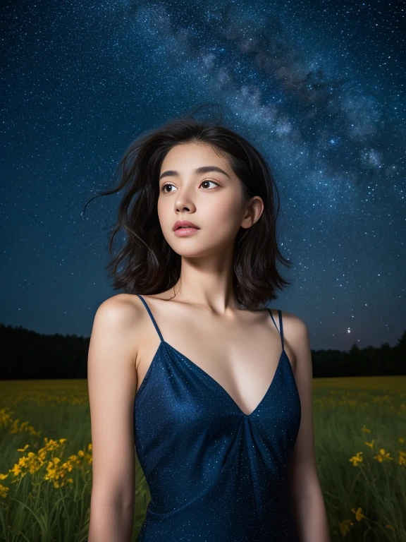 8k、Beautiful girl at 13 years old, nude,Hair length, Starry sky background、Beautiful face in every detail、See-through Camisole Dresses, Flower Field、night、Very strong winds