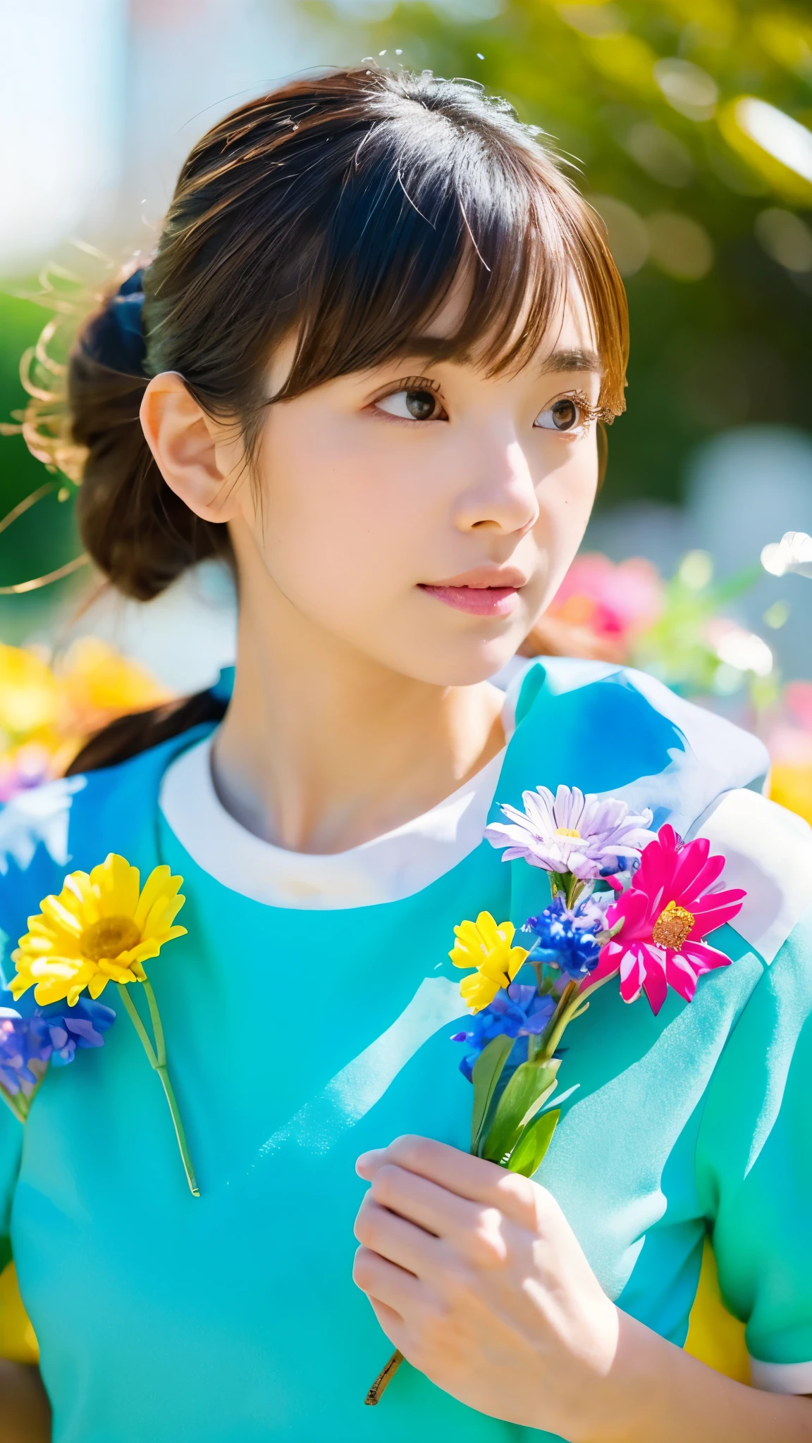 (masterpiece), (highest quality), (Super detailed),(Dish-shaped hair),(figure), (One girl), (Fashionable clothes), Are standing, Fashion Model, View your viewers, (interview), (Simple Background), Beautiful fine details, delicate beauty, floating, (High saturation), (Colorful Splash), Colorful bubbles, (Shine), Focus on the face, ponytail, Ayaka Kamisato, Light blue hair, bangs, Scrunchie, floating flowers, Flowing Hair, (Shiny), Best lighting, Best Shadow, Perfect hands