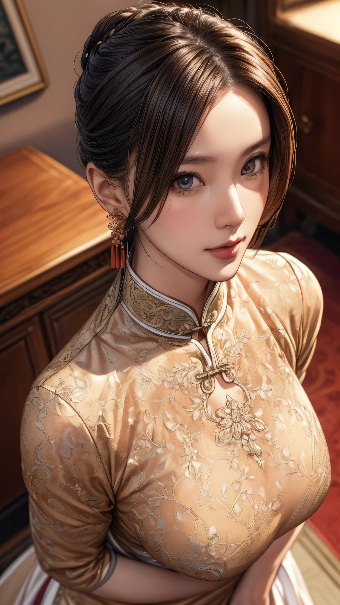 a Chinese woman wearing china dress, highly detailed decorations, (((masterpiece))), ((best quality)), ((intricate detailed)), ((Hyper realistic)),, absurd res, milf, mature woman, perspective, highly detailed, illustration,, (large breasts), perfect hands, detailed fingers, beautiful detailed eyes, updo hair, brown eyes,(Chinese dress:1.2), earrings, detailed background, perfect eyes, seductive eyes, standing,(facing and looking at the viewer:1.6),(viewed from above:1.2)  