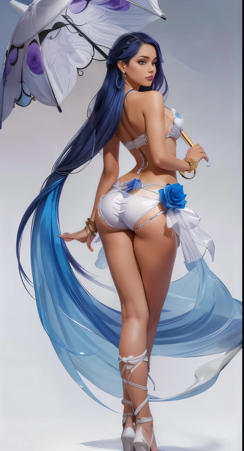 1girl, solo, long hair, breasts, looking at viewer, simple background, hair ornament, holding, bare shoulders, jewelry, medium breasts, very long hair, blue hair, standing, purple eyes, swimsuit, full body, ass, flower, bikini, earrings, looking back, from behind, high heels, bracelet, rose, umbrella, back, white bikini, white footwear, black background, holding umbrella, sarong, parasol