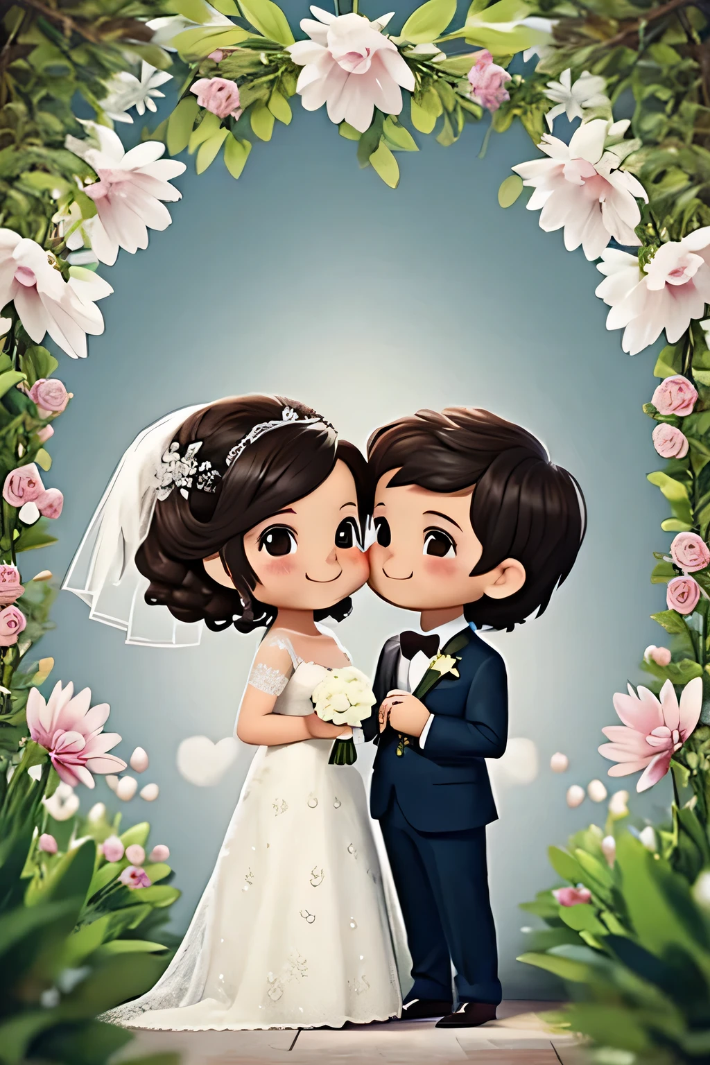 wedding couple, cute, dark hair, full body, white background
