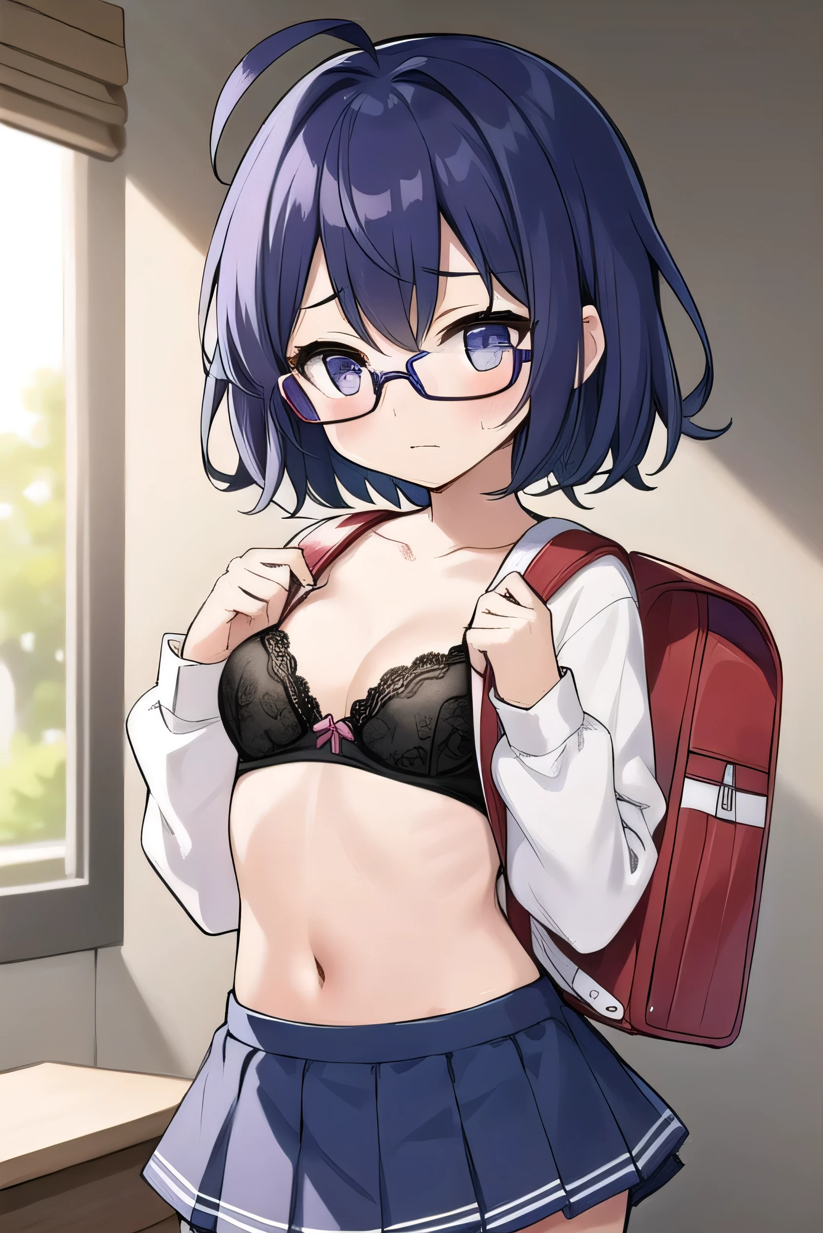 Purple hair, gray eyes, white , navy blue miniskirt, , short, short long hair, kind expression, shy, backpack, almost no breasts, slightly exposed. hair,(flipped hair ), flipped hair, long sleeves, ahoge, girl alone, flipped hair, flipped hair, flipped hair, flipped hair, glasses with no edges, embarrassed, her bra is visible