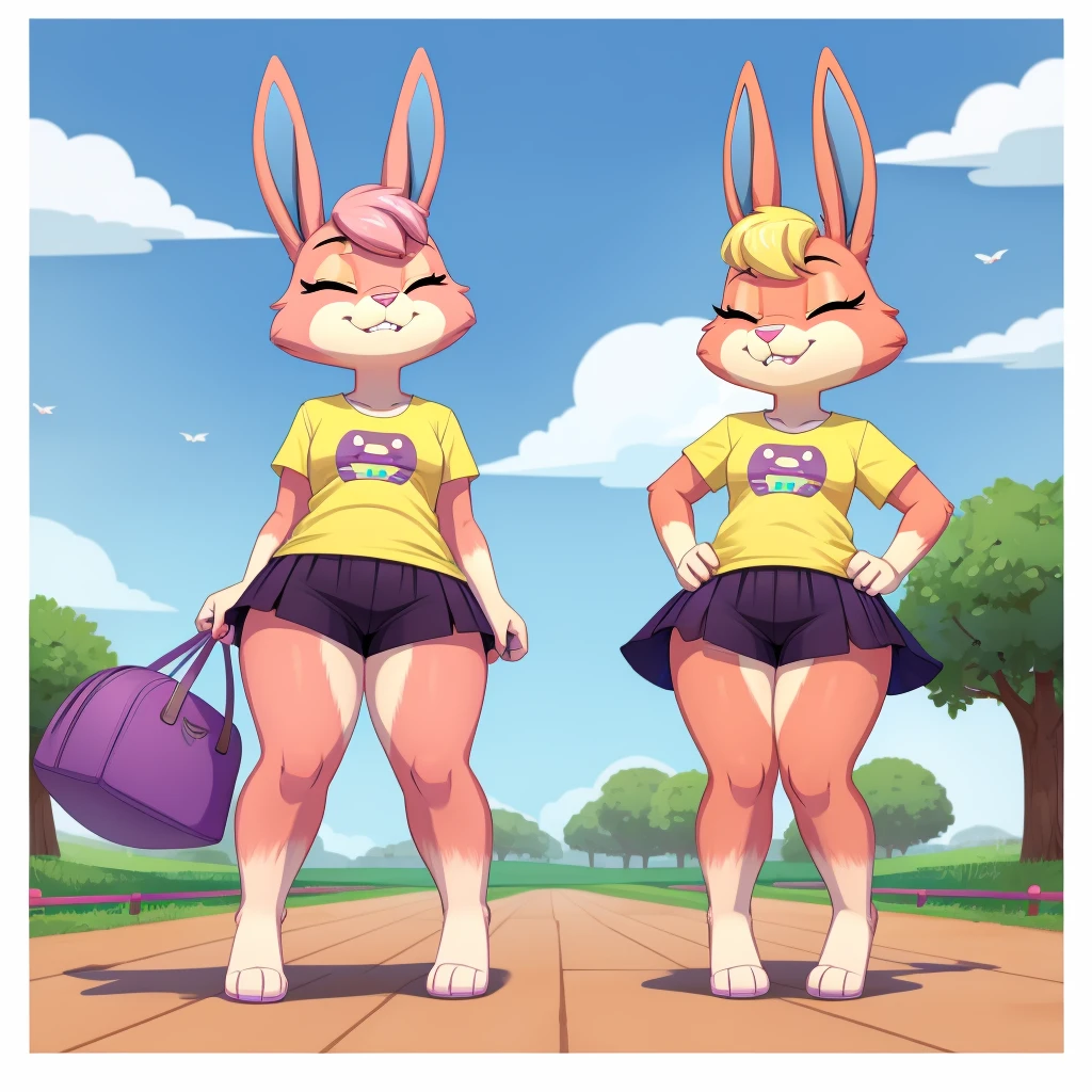 Babs bunny, concept art solo, cute, cub, Babs, bunny, girl, eyes closed, Pink eyelids, rabbit teeth, pink nose, pink body, pink head, pink ears, pink legs, white cheeks, white feet, white tail, ears drooping, lop-eared, black shorts, thick thighs, yellow T-shirt, purple skirt, purple bows on the ears, doing the hard way,