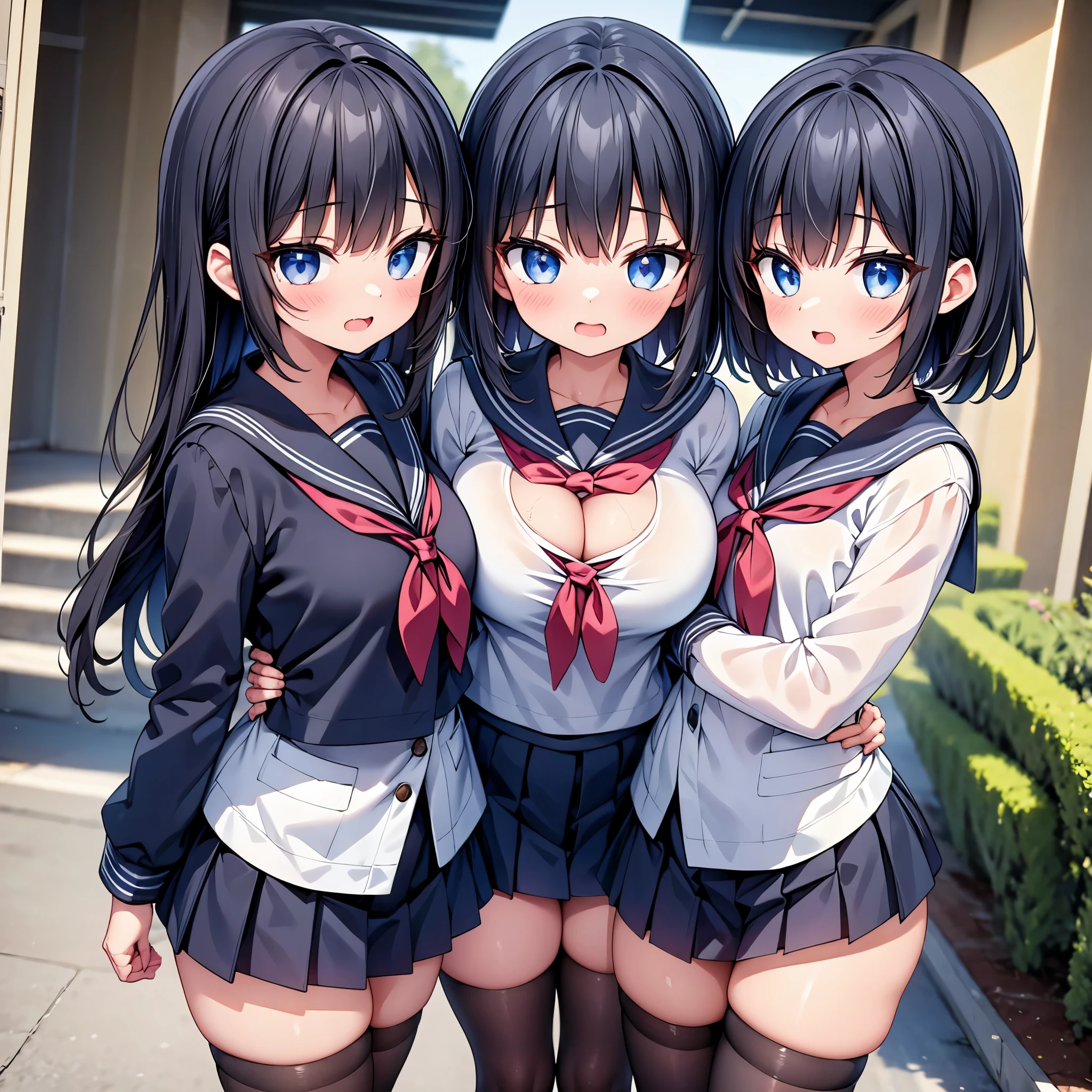 (cute eyes:1.2), (sparkling eyes:1.2), highest quality,wonderful,finely,extremely detailed CG Unity 8K wallpaper, (Stand in line:1.2), (3 girls, Black Hair, cute eyes, sailor uniform, clothed), (cleavage cutout:1.2), (midium breasts), (open mouth:1.1), (long tongue:1.1), (mouth drool:1.1), (black stockings:1.1),(Thighs:1.2),(Waistline:1.2)