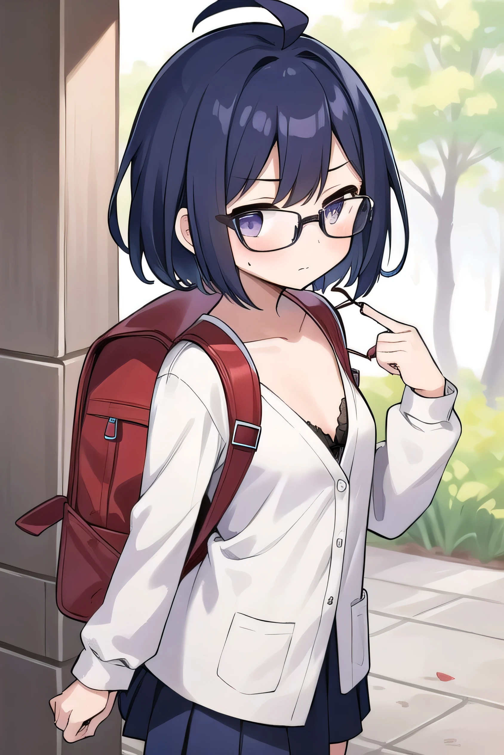 Purple hair, gray eyes, white , navy blue miniskirt, 11 years old, short, short long hair, kind expression, shy, backpack, almost no breasts, slightly exposed. hair,(flipped hair ), flipped hair, long sleeves, ahoge, girl alone, flipped hair, flipped hair, flipped hair, flipped hair, glasses with no edges, embarrassed, her bra is visible