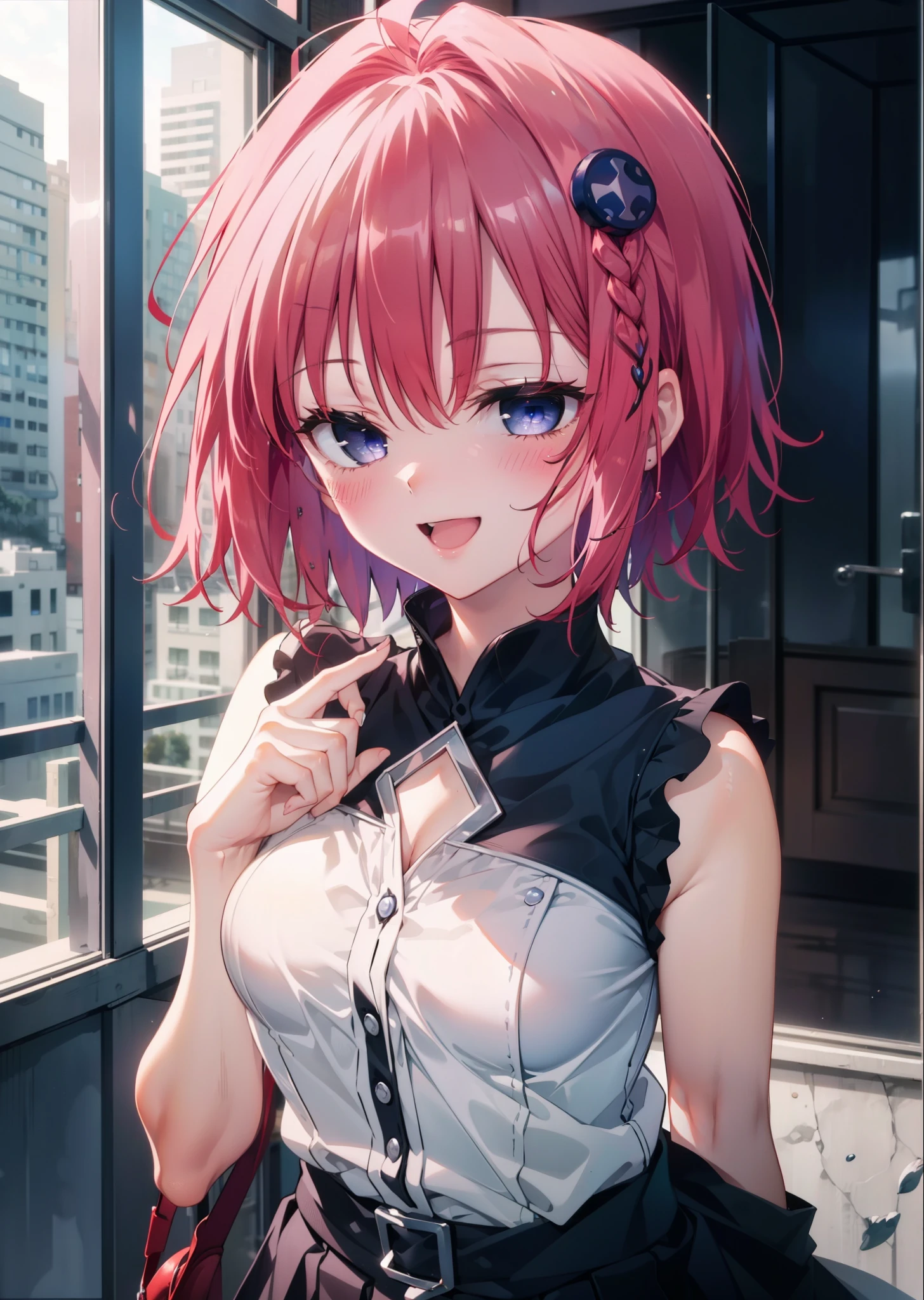 (masterpiece, highest quality:1.2),shape,8k,High resolution,kurosaki mea,Cowboy Shot,As if your whole body is in the illustration,1 girl,happy smile, smile, Open your mouth,Red Hair Long Hair,Upper Body,(Portraiture:1.2),hair ornaments,smile,Purple eyes,Medium Chest,White Hair Band,Sleeveless dress,Long skirt,Cute Sandals,happy smile, smile, Open your mouth,smile,blush, Building district (Cowboy Shot:1. 5),(masterpiece:1.2), highest quality, High resolution, unity 8k wallpaper, (shape:0.8), (Beautiful and detailed:1.6), Highly detailed face, Perfect lighting, Extremely detailed CG, (Perfect hands, Perfect Anatomy),