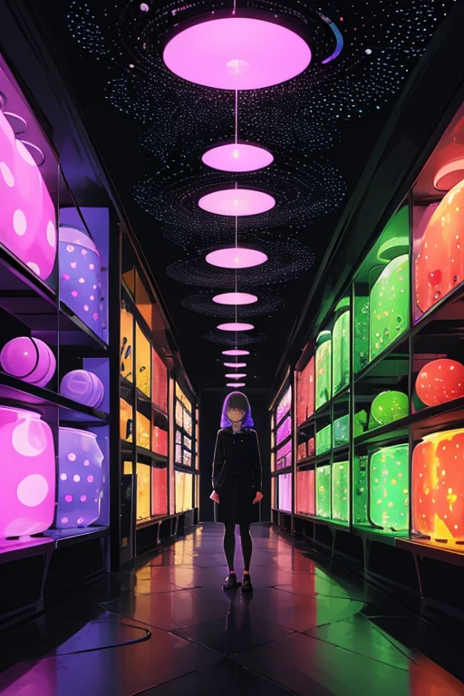 A woman standing in front of a polka dot display, interactive art, Lava lamp, Black light, Psychedelic architecture, drinking、Clone Tube