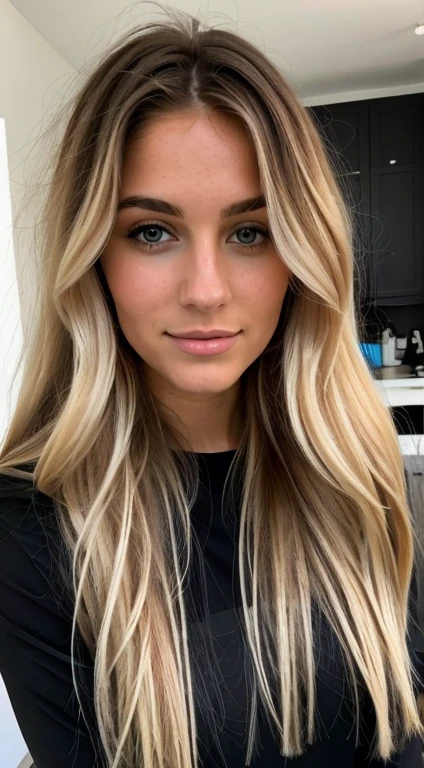 Une femme blonde de 23 ans, ((gros seins)), ((hyperréalisme)) ,. blonde hair with light brown roots. cheveux blond, Cheveux aux racines brunes, very long hair, very long hair, very long hair, Beau, vue de face, photo automatique, Photo prise avec iPhone, elegante camisa negra con encolure, Coupe-bas, photo automatique sur un terrain de foot, high quality, photo