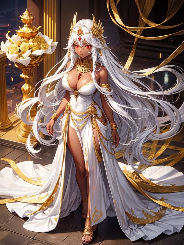 Long silver hair, red eyes, dark skin, big breasts, gold headdress, gold necklace, gold jewelry, white evening dress, sandals, standing, white rose, desert river