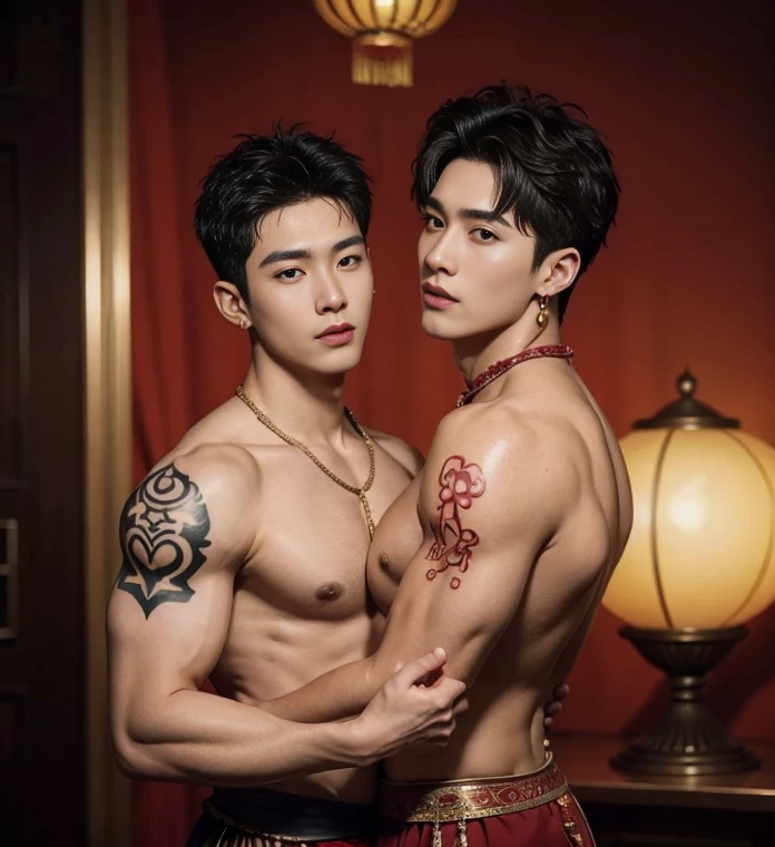 Two handsome boys kissing, smiling at each other, catching eyes ,hugging, kissing, touching lips, cuddle, romantic,skin ship, Chinese Men God, Mythology, realistic, Chinese odyssy, super Handsome,manly, kpop idol, handsome korean actor, 20 years old,, detailed face, manly jawline, manly chin, detailed mess curly styling hair, Topless, Muscles, big chest Athlete body, Full Frame,full body shoots, y, realistic, human skin, tattoo brerofessional studio Lighting, long red tibetan Outfit, jade and golden pendent all over , detailed jewery in dress, earings,Chinese ancient temple Background,out door, super detailed background,look at camera , open mouth, loincloth Underneathe Underwear, tibet Warrior, Hanfu red wedding dress, tibet Male, tibet Nobel, Seduce , bare chest , tattoo chest, tattoo arms, tattoo hands, tattoo back, tattoo legs , detailed tattoos, big juicy butts, bautts