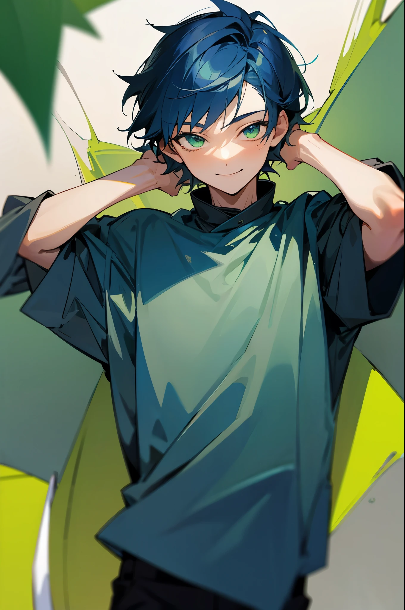 Anime boy with blue hair and green eyes posing for a picture - SeaArt AI