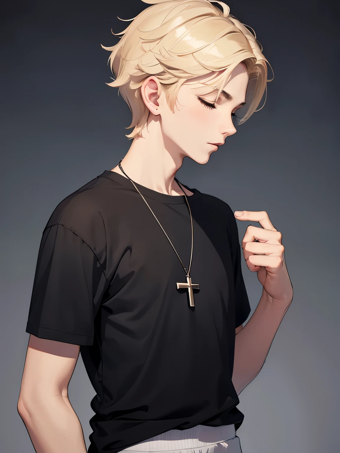 1boy,handsome,15 years old,Standing,Facing to the right, facing right,Camera angle from the side, photo from the side,lips pursed, eyes closed,half body photo,Perfect face, HD face, ultra detailed face, short hair, blonde hair, messy hair, vampire, black t-shirt,black t-shirt,plain t-shirt,short sleeve t-shirt, black trousers, cross necklace,ultra detailed, ultra HD