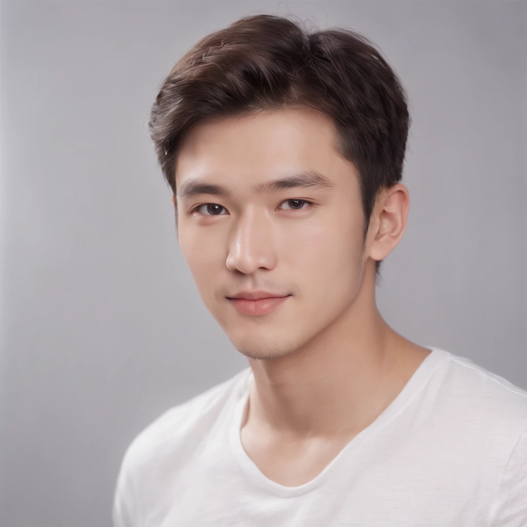 (picture: 1.3) ~of (realistic: 1.3), East Asian man,curly_hair ,soft light, clear face, front, ((white t shirt)), cheerful, warm light, ((gray-white gradient background)),(background)) ,avatar,(,amazing,young,((avatar))