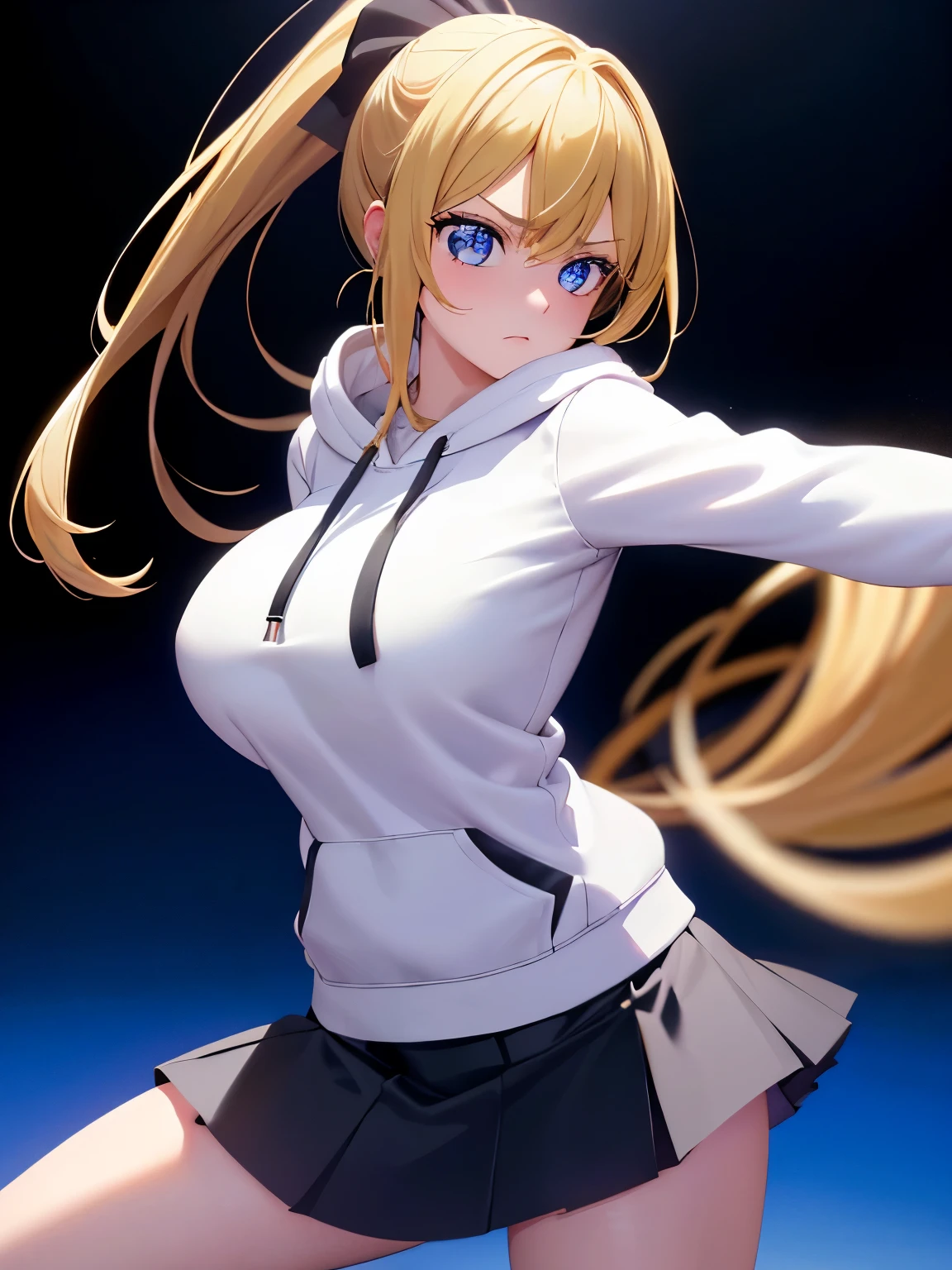 1woman,super beautiful,Stand,Annoyed expression ,half body photo,Beautiful eyes, very detailed face,cute, tennis skirt,HD face, perfect face, white hoodie,long hoodie,black mini skirt,Very big breasts,Blonde hair,long hair,ponytail,bangs,blue eyes,ultra detail,ultra Hd, masterpiece,4k