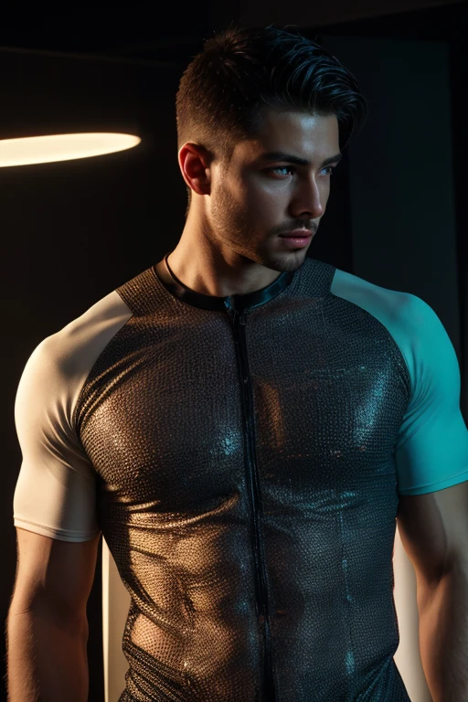 30 years old man, stubble, wearing transparent see-through futuristic clothes, breathtaking grandeur, LED internal lighting, cyberpunk style, fibre optic hair, glowing blue iris, muscular, best quality, masterpiece, intricate details, dynamic pose, dynamic angle, (surreal), (illustration), ((oil painting \(medium\):1.2)), sharp focus, soft lighting, vibrant colors, cinematic photography, dynamic angle, volumetric lighting, film grain, hard shadows